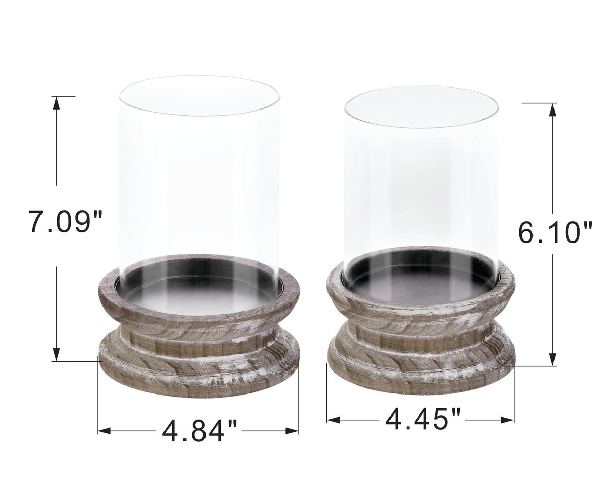 Set of 2 Glass Hurricane Candle Holders for Pillars with Florence Style Solid Wooden Base Crafted from Pine in Distressed Brown, Farmhouse Candlestick Holder, Centerpiece for Home, Table, Mantel