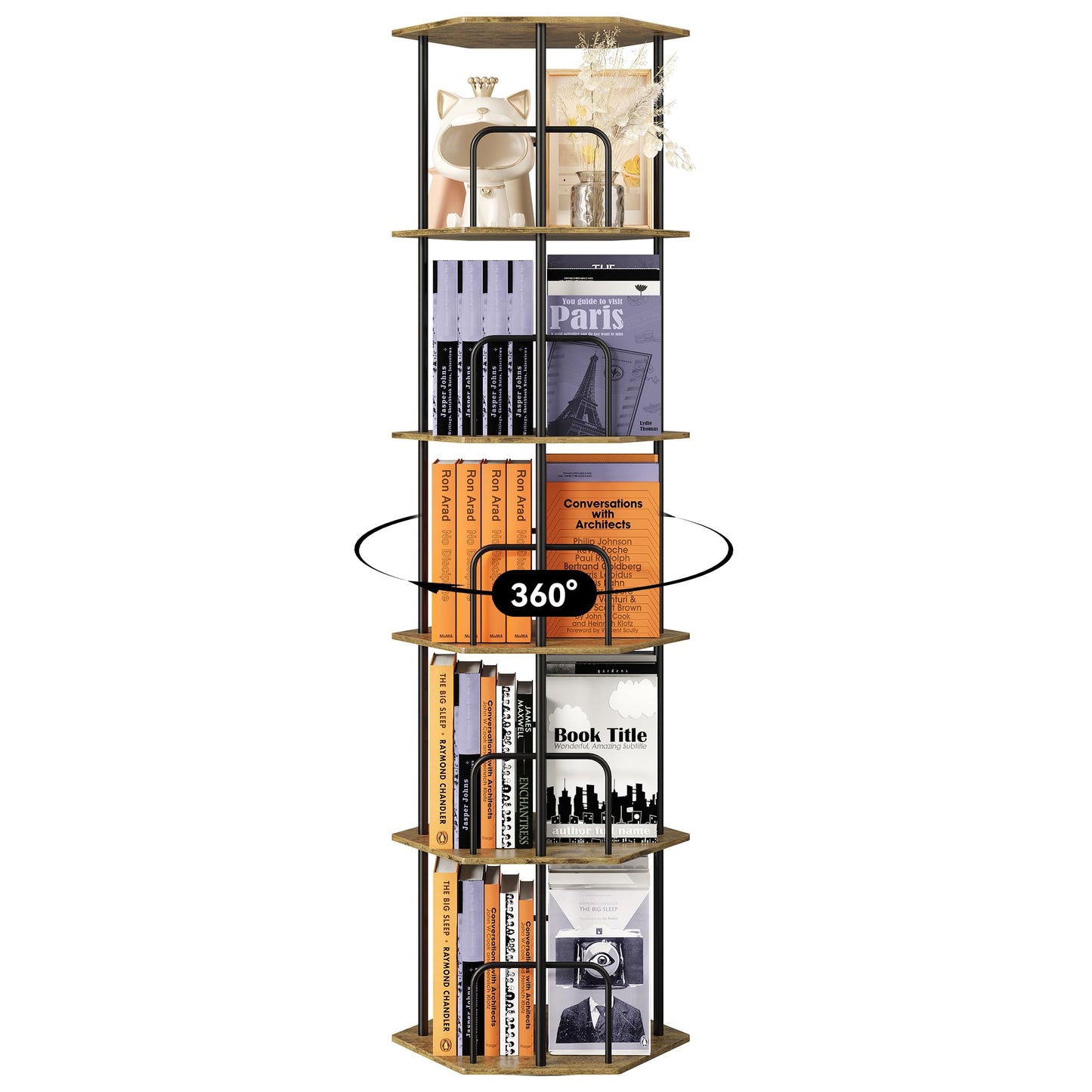 SUNMORY 5 Tier Rotating Bookshelf Tower, Revolving 360 ° Spinning Bookcase, Hexagonal Corner Book Shelf Storage Carousel, Vertical Rotate Turning Organizer Book Shelves for Living Room Office Bedroom