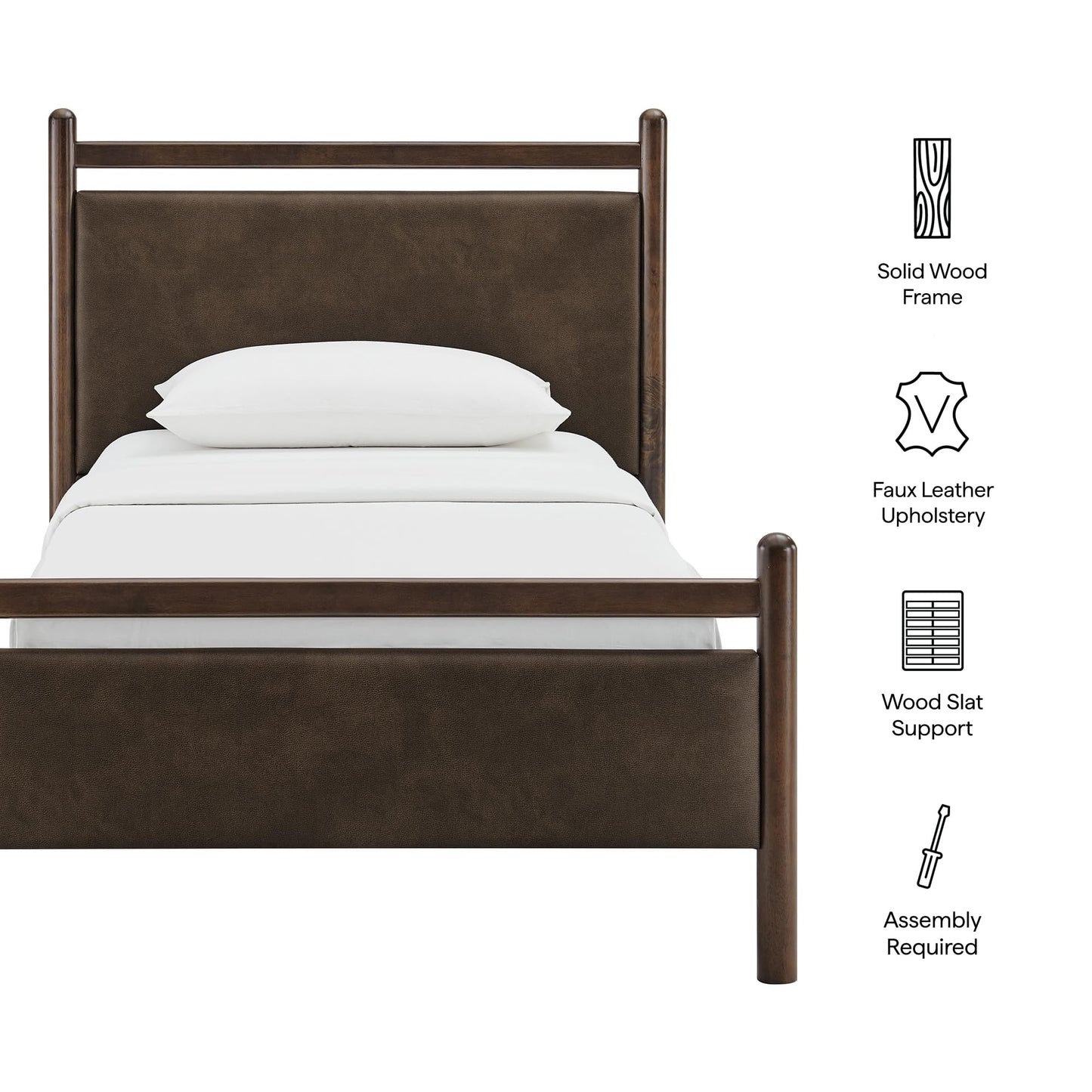Modway Ginny Twin Platform Bed Frame in Wenge Mushroom - Solid Wood Bed with Padded Faux Leather Headboard and Footboard, Wood Slats, No Box Spring Needed