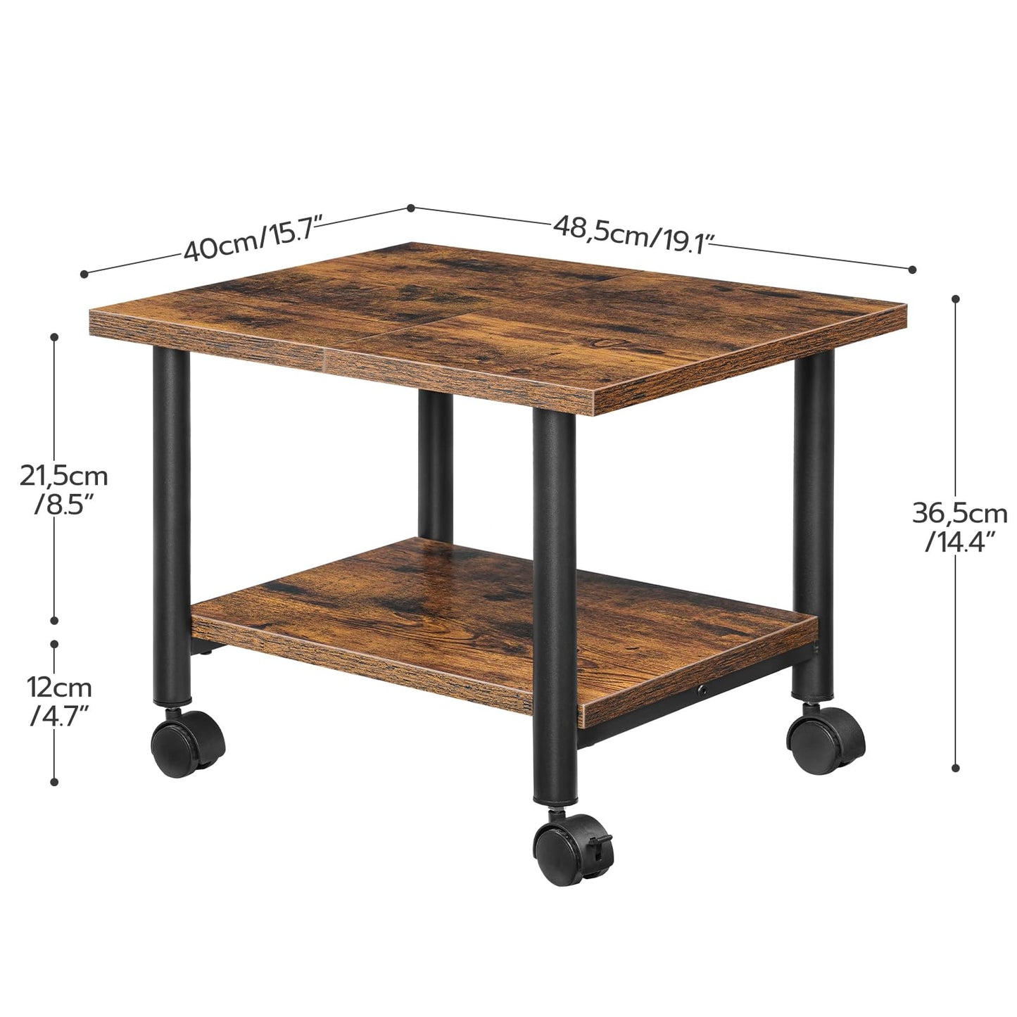 HOOBRO Printer Stand, 2-Tier Industrial Under Desk Printer Cart with Shelf, Mobile Heavy Duty Storage Rack on Wheels for Home, Office, Rustic Brown and Black BF02PS01G1