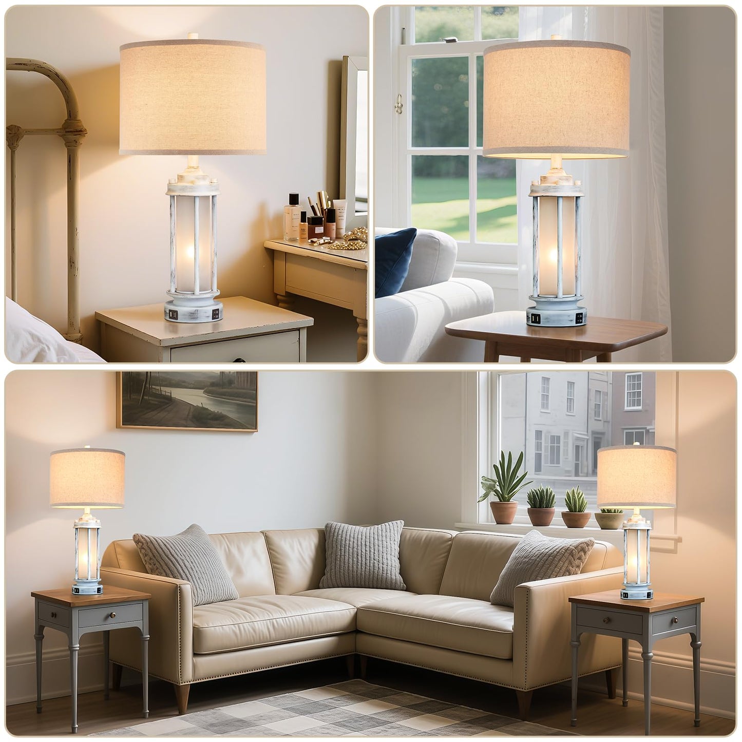 AIEAMPDO 25" Set of 2 Antique White Rustic Table Lamps 2 USB C+A Ports