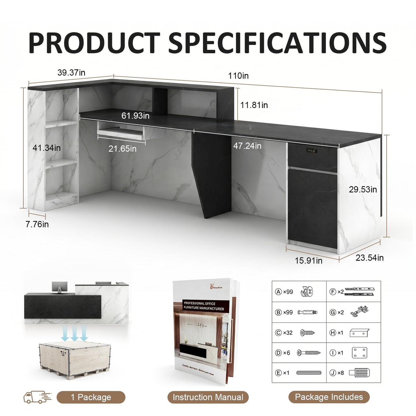 YTElantivo L-Shaped Reception Desk with Counter, 1-Inch Thick Board, Lockable Drawers & Keyboard Tray, Heavy-Duty Front Desk for Office, Salon, Hotel & Clinic