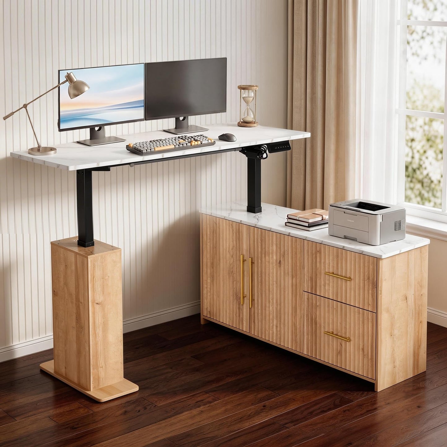 NORTHSKY 55" L Shaped Electric Standing Desk with Drawers and Storage Cabinet, Adjustable Height Corner Desk for Home Office, White Marble-Look Top with Natural Oak Fluted Base