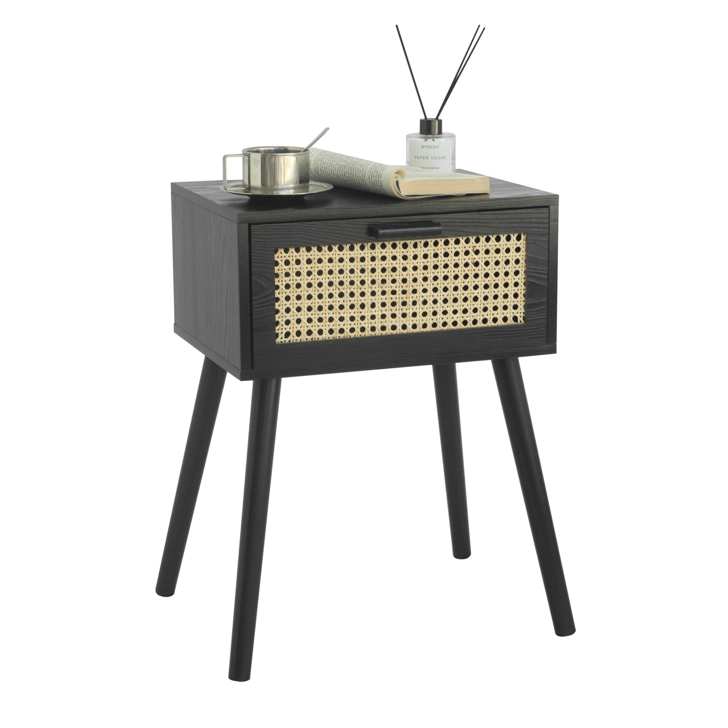AWASEN Mid Century Modern Nightstand, Rattan Side Table with Drawer, Black Bedside Table with Storage and Solid Wood Legs for Living Room, Bedroom and Small Space (Black)