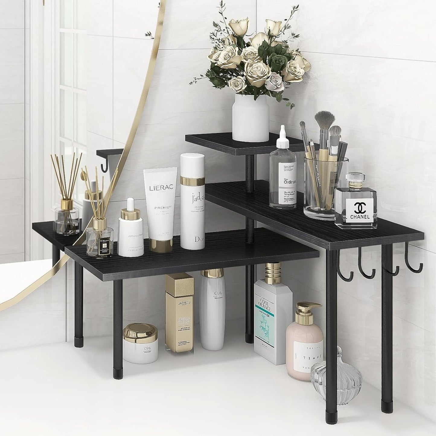 Homode Bathroom Counter Organizer Corner Shelf, Kitchen Countertop Organizer, 3 Tier Wood Counter Shelf Stand for Over The Sink, Coffee Station, Desktop, Black