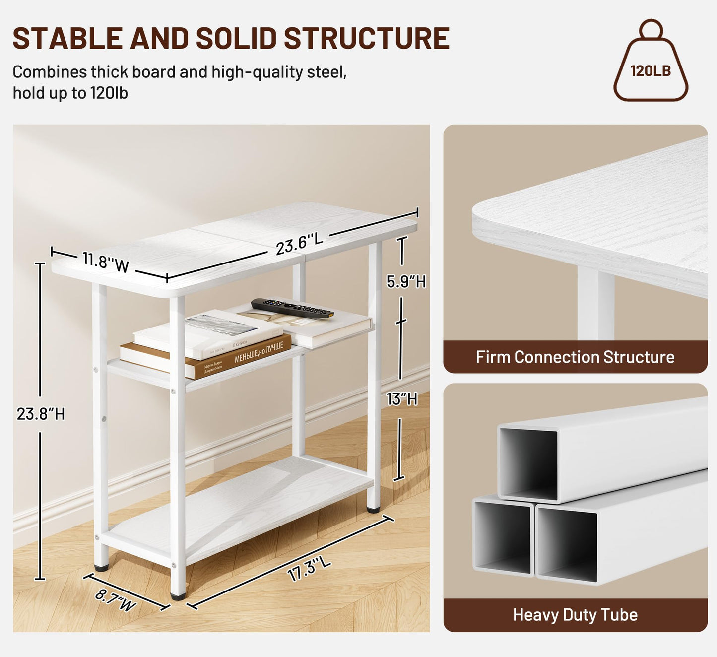 SLEEPING LAMB Side Table for Living Room, 3-Tier End Table for Small Space with Wide Storage Tabletop, Elegant White Narrow Nightstand for Bedroom, Sofa Couch
