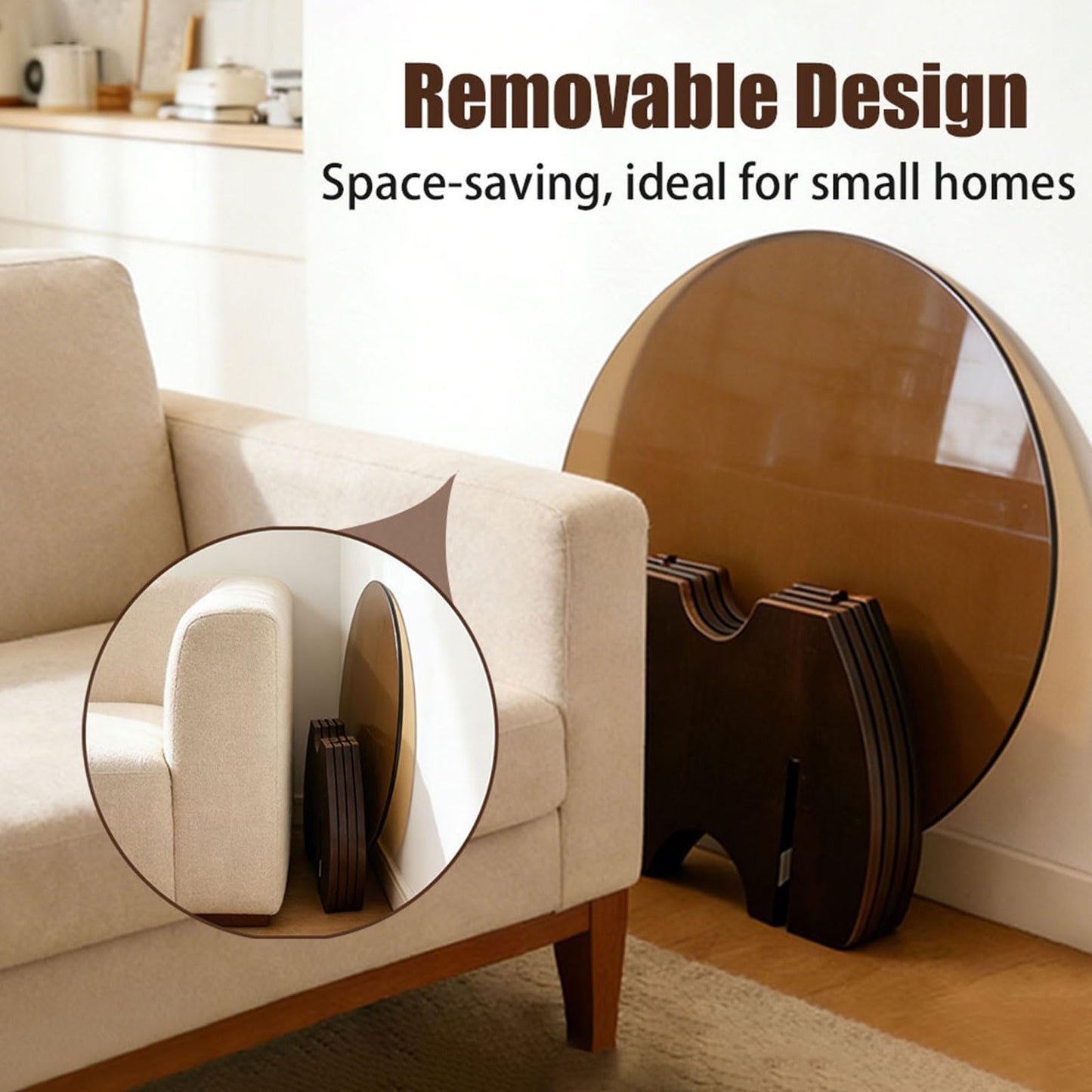 RUBAPOSM Round Glass Coffee Table - 30 Inch Diameter Brown Tempered Top with Walnut Solid Wood Legs - Modern Mid Century Center Trestle for Living Room Small Spaces and Minimalist Home Decor Furniture