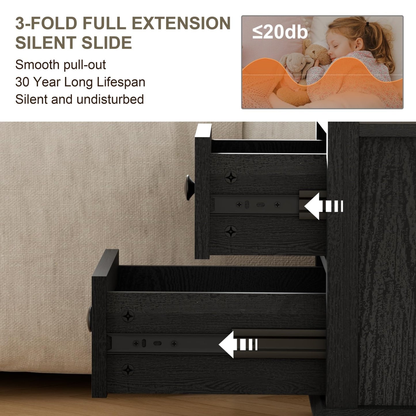REDAYFUR End Table with Fast USB C Charging Station,18" Wide Sofa Side Table with 2 Drawers, Large Storage Rustic Wood Square Storage Cabinet for Living Room, Bedroom, Office, Black