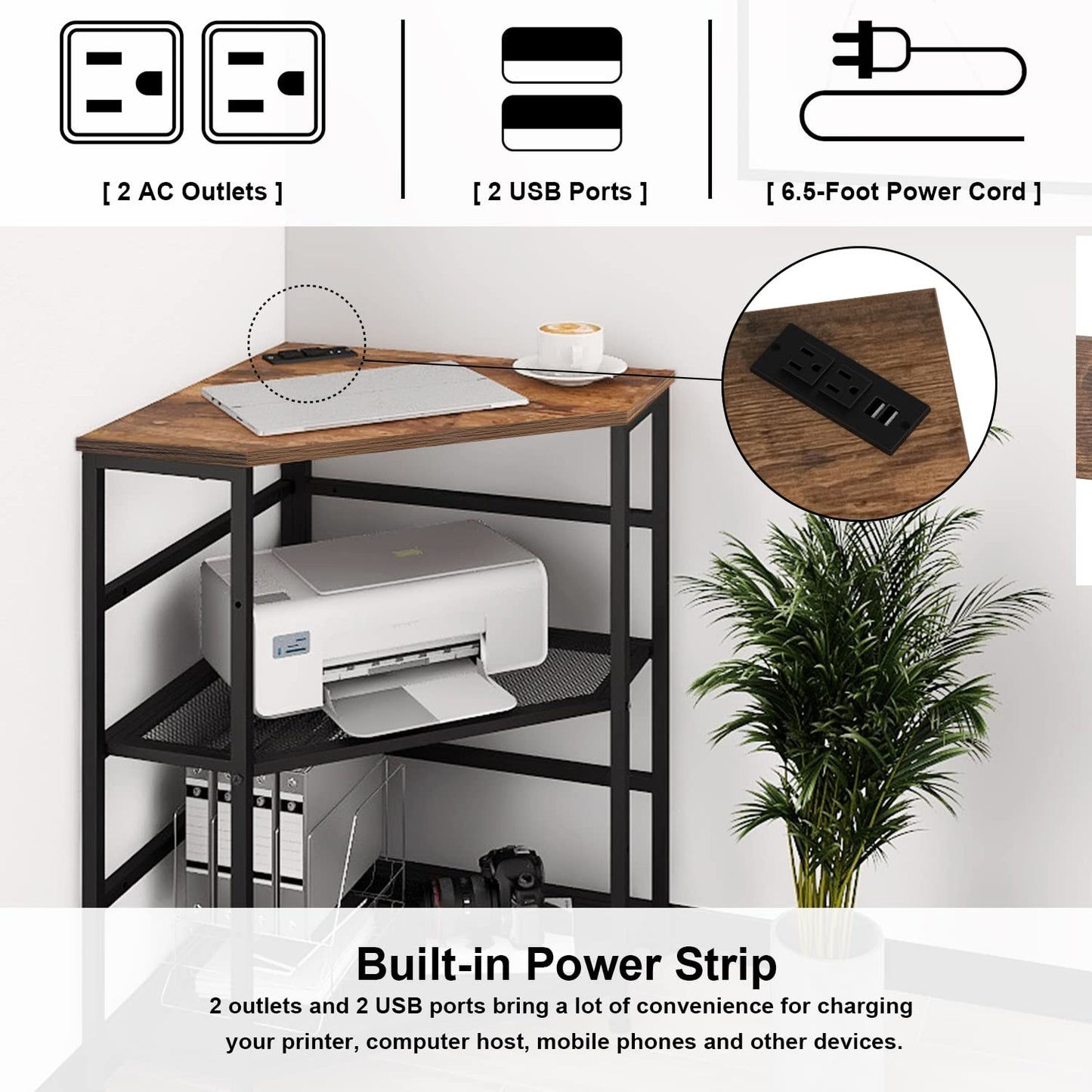 VEDECASA Corner Printer Stand Table with Power Outlet Charging Plugs USB Port Adjustable Storage Shelf Computer Tower CPU Stand Holder for Home Office (Brown)