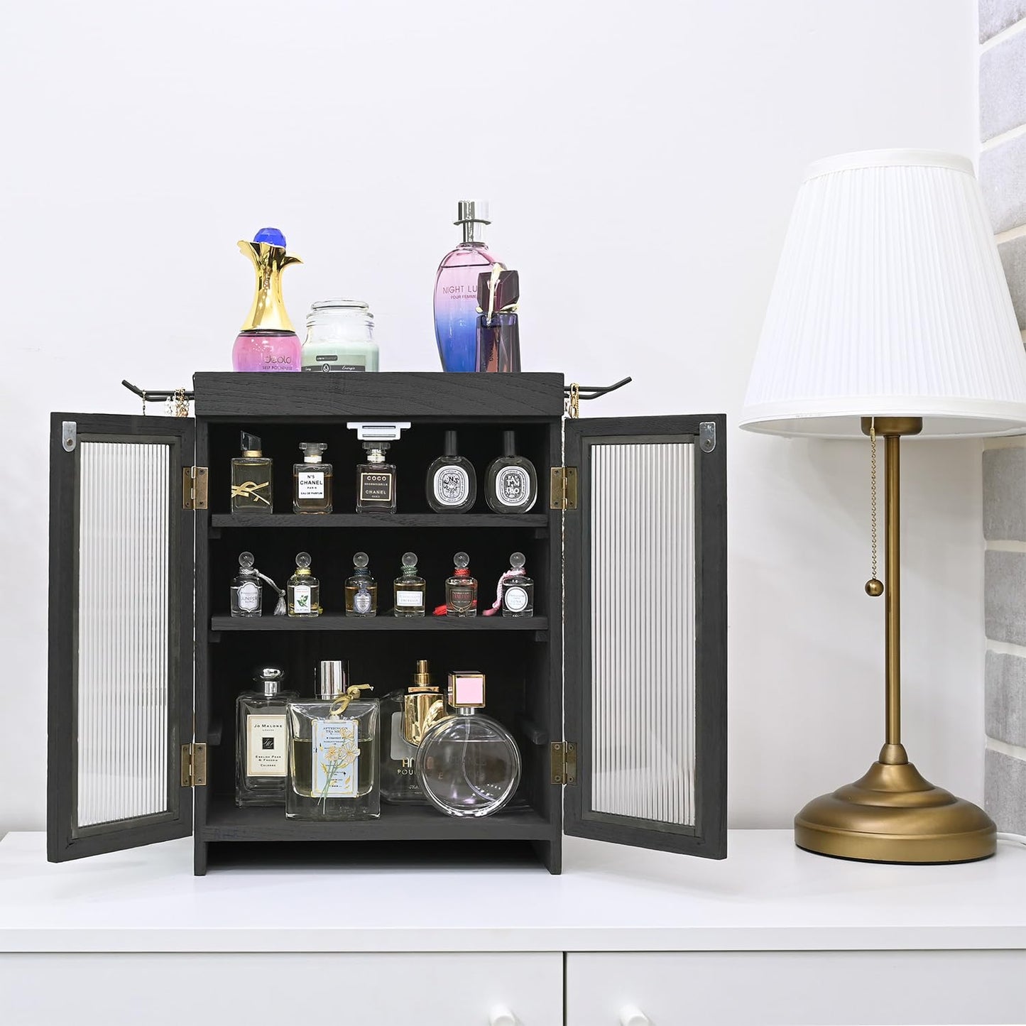 Ikee Design Wooden Countertop Storage Cabinet with Wavy Magnetic Door, Adjustable Shelves, Removable Hooks. Perfect for Perfume, Figurines, and Coffee Cups, Black Color, 10.4 W x 6.1 D x 14.4 H in