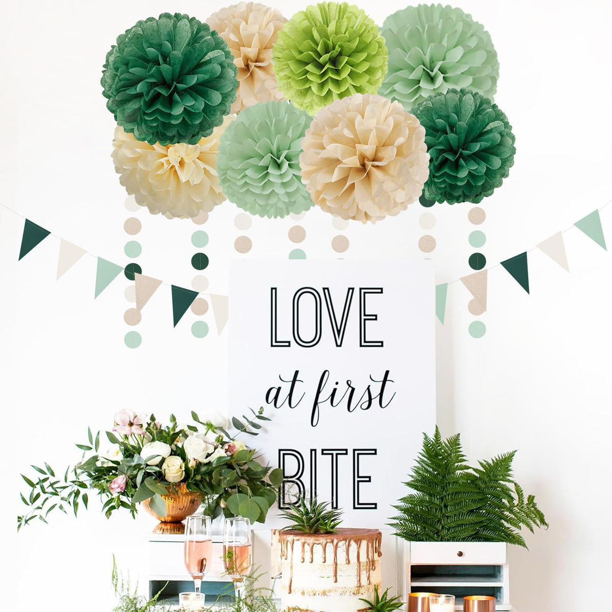 Sage-Olive Green Champagne-Gold Party Decorations - 30pcs Rustic Boho Wedding Paper Tissue Pom Poms Streamers,Tassel Garland Banner,Birthday Baby Bridal Shower Engagement Decor Lasting Surprise