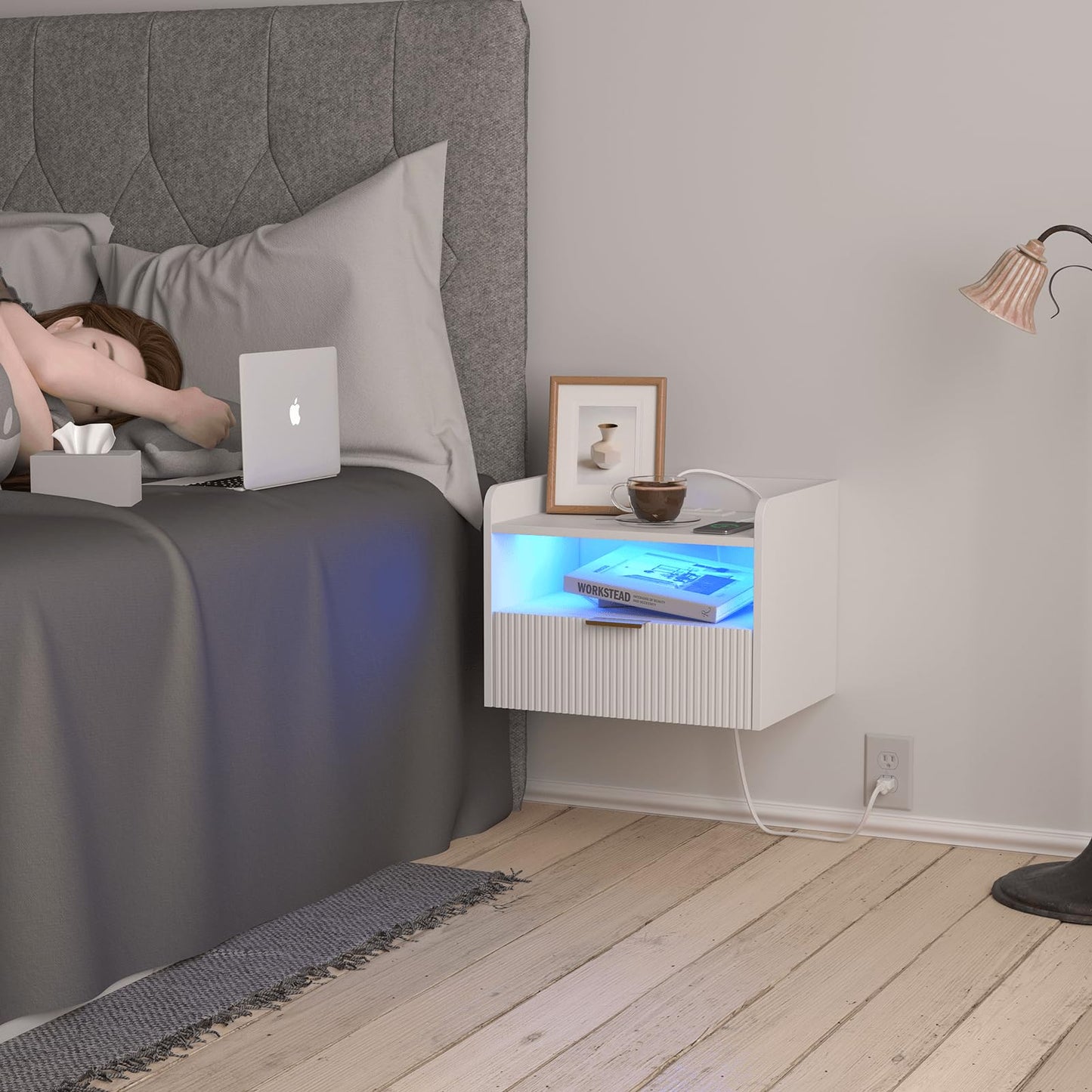 Veegle White Floating Nightstand with Charging Station and LED Lights (White)