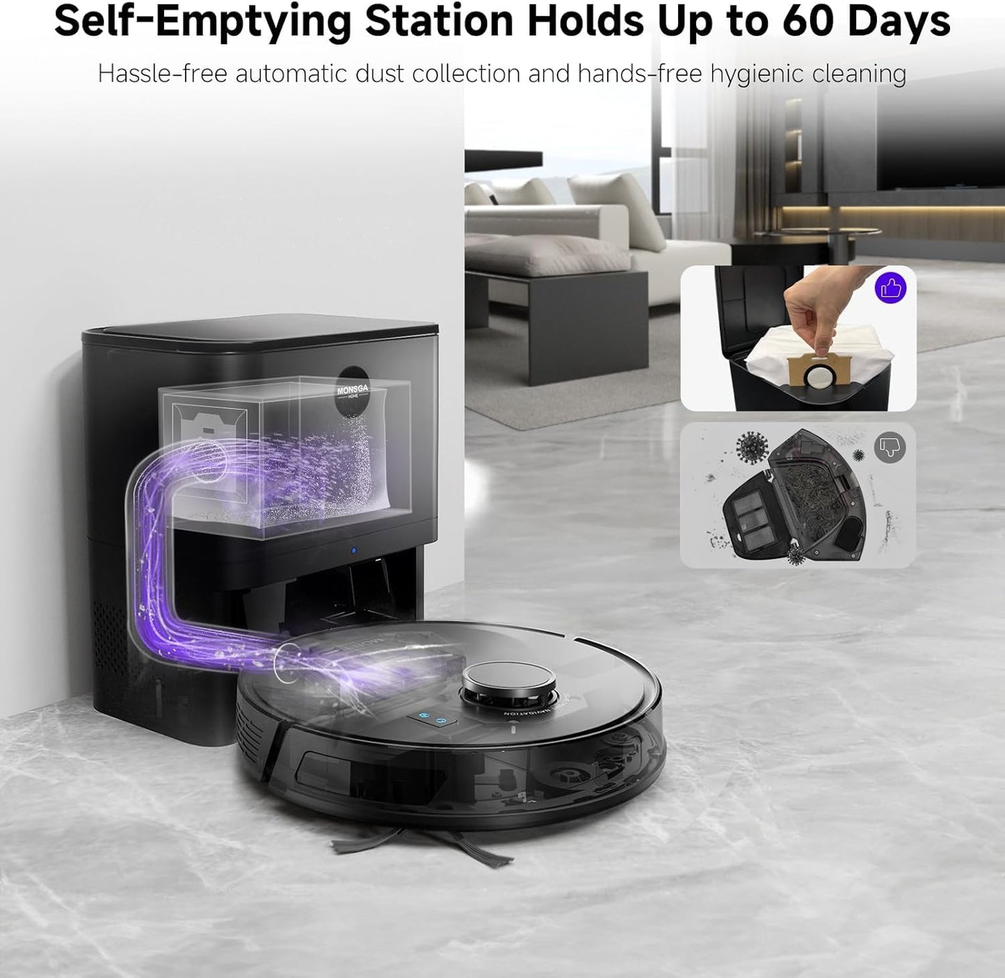 MONSGA Robot Vacuum and Mop Combo, 5000Pa Robotic Vacuum with 3.5L Self Emptying Station, Lidar Navigation Robot Vacuum Cleaner, 180mins Runtime, APP/Remote/Voice Control, for Hard Floors and Carpets