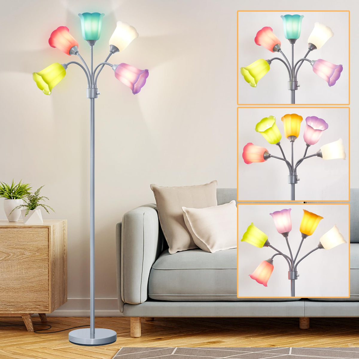 GyroVu Medusa LED Floor Lamp, Multi Head Modern Tall Lamp with Adjustable Gooseneck Standing Lamps Led Tall Lamp for Living Room Bedroom Kids Room Office 6 Color Lampshades Bulb Not Included Silver