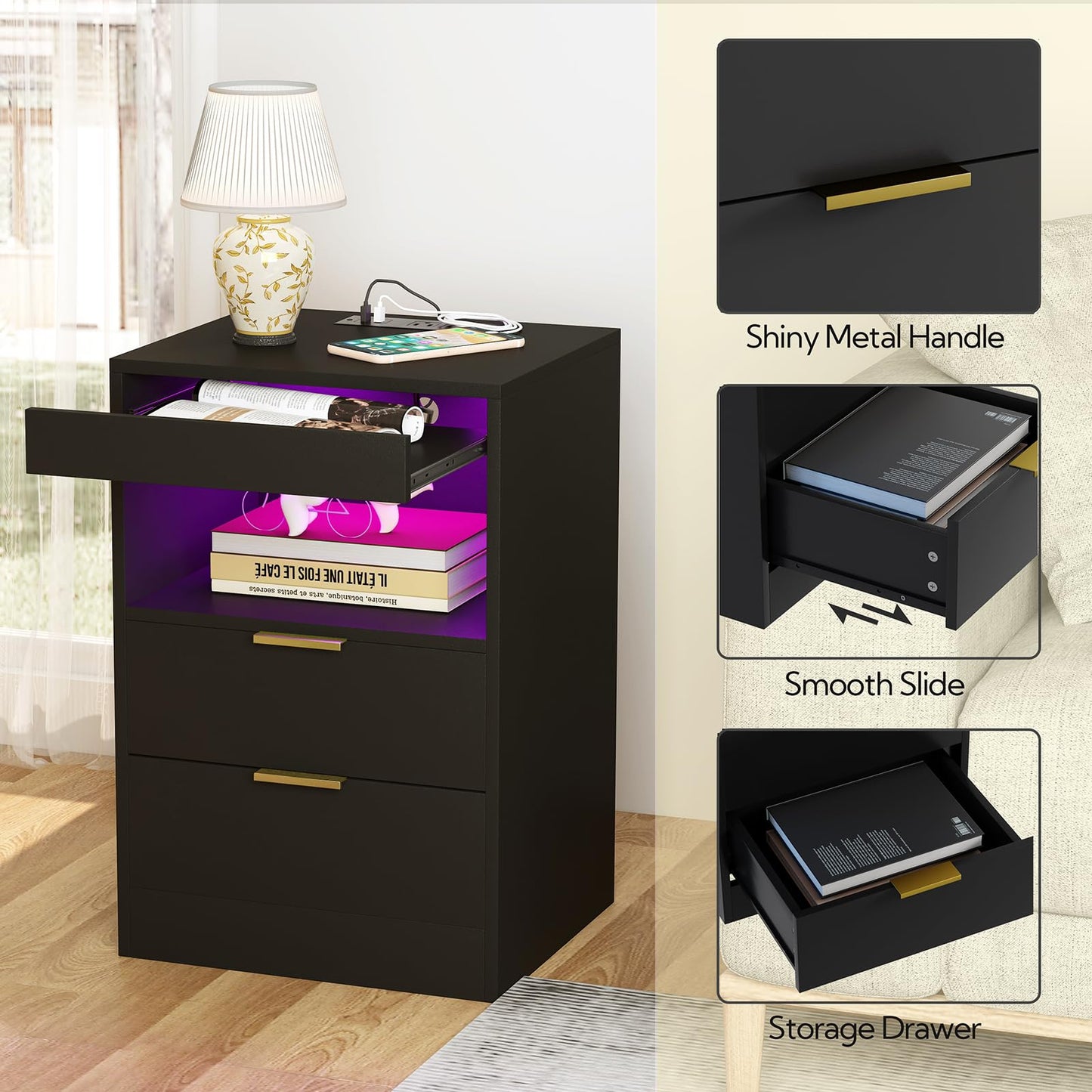 Yusong Night Stand, Black Nightstand, LED Nightstand with Charging Station, Modern Night Stand, Bedside Table, Wood Sofa Couch End Side Table with 2 Pull-Out Shelf