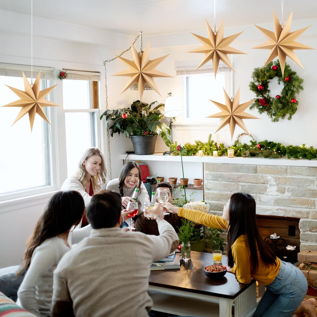 SUNBEAUTY 5 Pcs 9-Pointed Natural Paper Star Lanterns 12 Inch Christmas Hanging Lamp Rustic Paper Decorations Shade Wedding Birthday Christmas Home Party Decorations