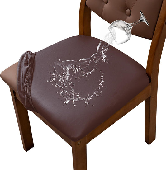 YUEANG Waterproof PU Leather Seat Covers for Dining Room Chairs Set of 6, Stretch Dining Chair Slipcovers, Kitchen Chair Seat Covers, Non-Slip & Washable (Brown)