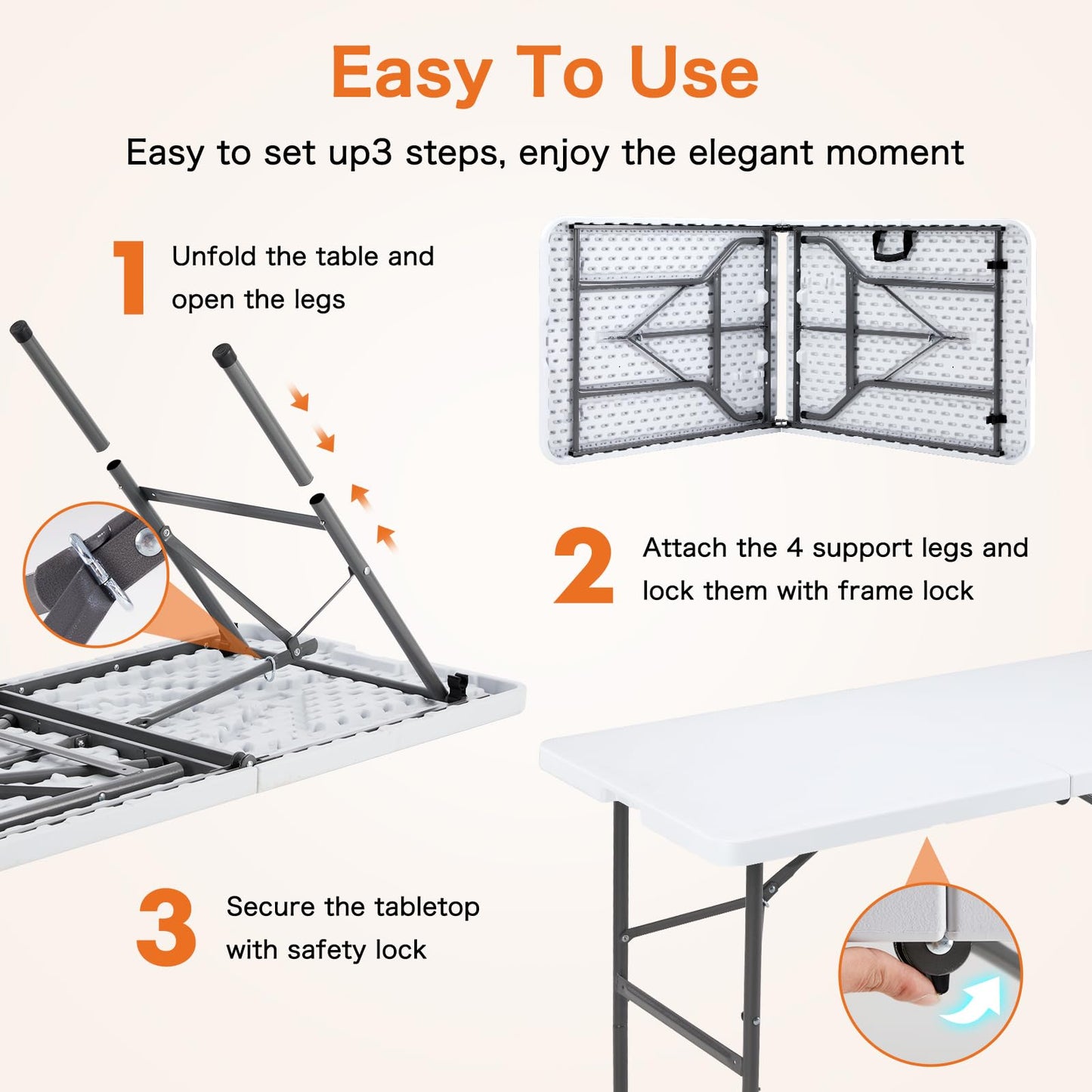 Sweetcrispy 4 FT Folding Picnic Table Easy to Fold and Store, Foldable Table for Camping Picnic Dining Party Kitchen Outdoor Indoor with Carrying Handle