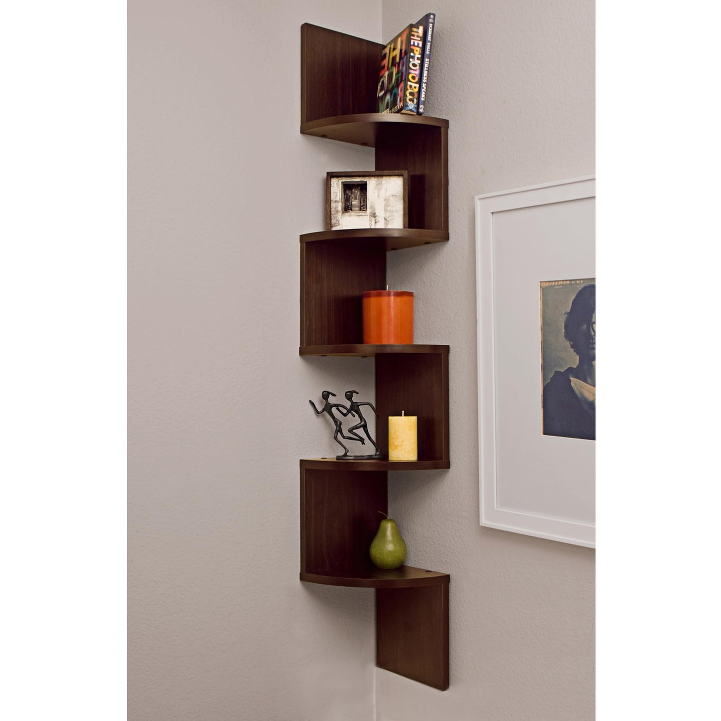 Danya B Decorative Floating Shelf Units, Rustic Shelf Organizer for Home Furnishings, 5 Tier Corner Shelf, Great for Living Room, Kitchen, Office, and More (Walnut)