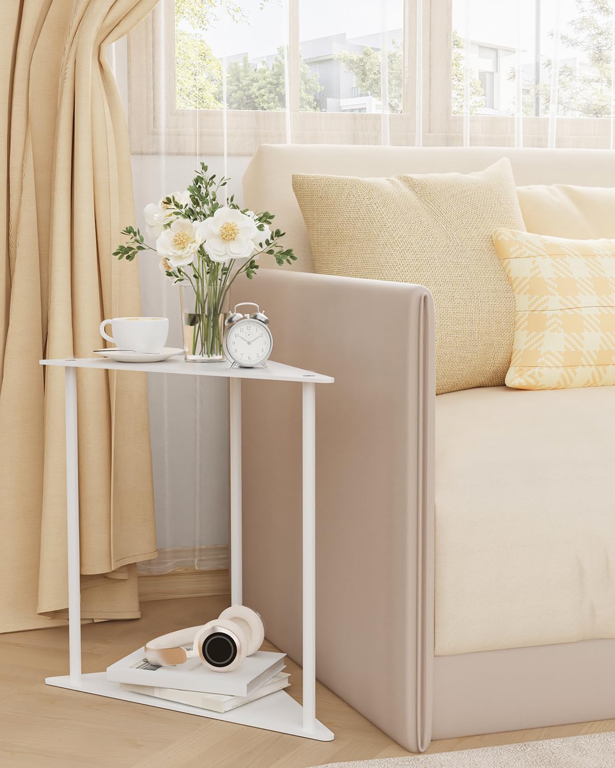 Yawinhe Metal Side Table,Small End Table with 2-Tier Storage Shelves,Nightstand for Small Spaces,Modern Tiered Triangle Coffee Table, Used for Living Rooms, Bedrooms,White,2 Pack, SZJ202W-2