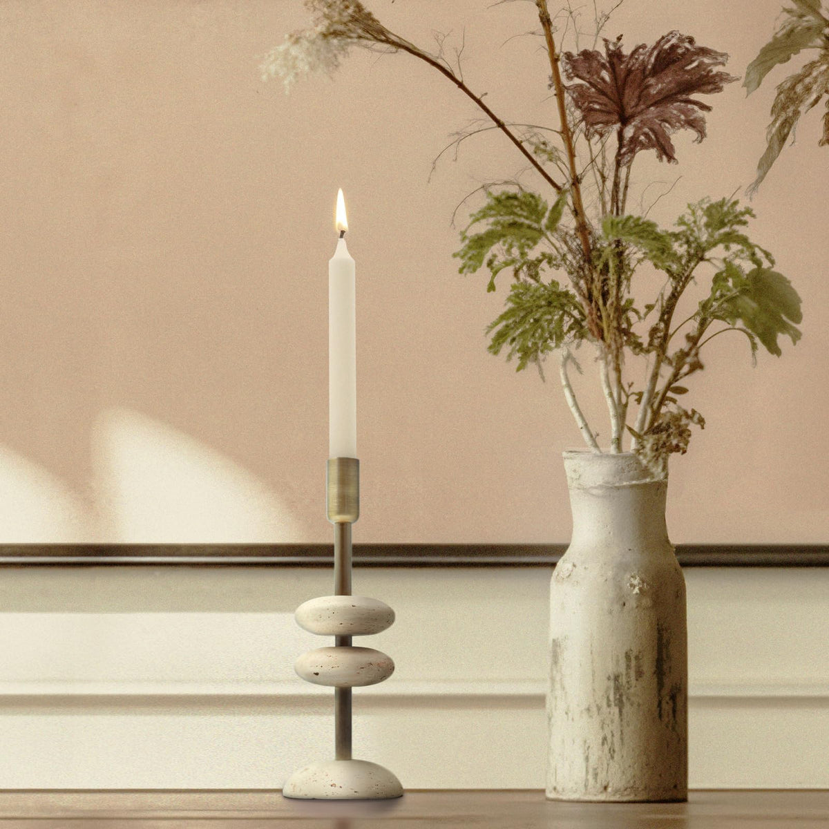 NEXOTIQUE Marble Candlestick Holders, Taper Candle Holder for Table Candles White Candelabra Candle Holders for Console Tabale, Wedding Centerpiece, Cozy Home Decor, Travertine, 10''