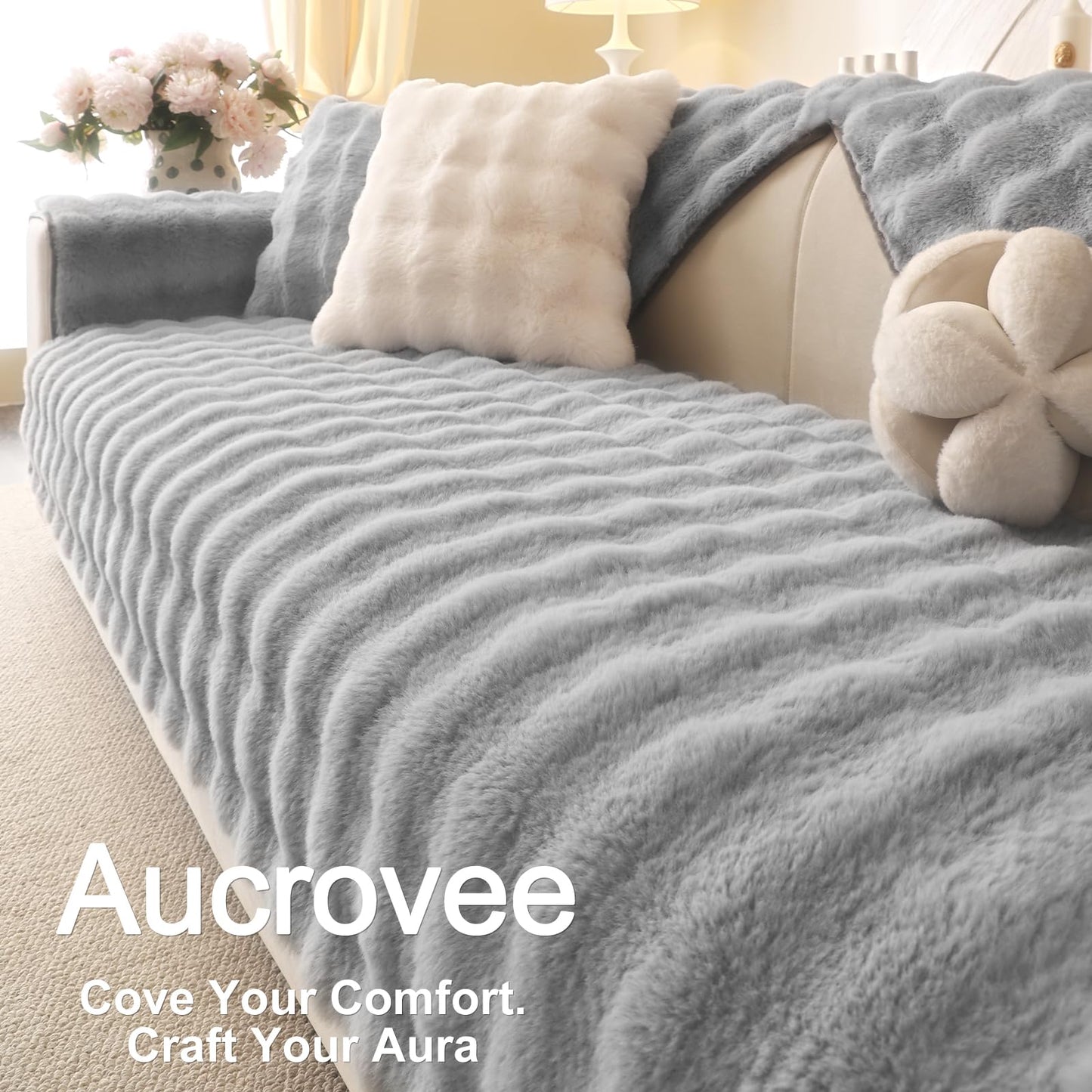 Aucrovee Soft Plush Faux Fur Couch Cover, Thick Warm Fuzzy Sectional Sofa Covers for 3 Cushion Couch Sofa Non Slip Slipcover, Furniture Protector Covers for Pets(1 PCS 36"x94" Light Grey)