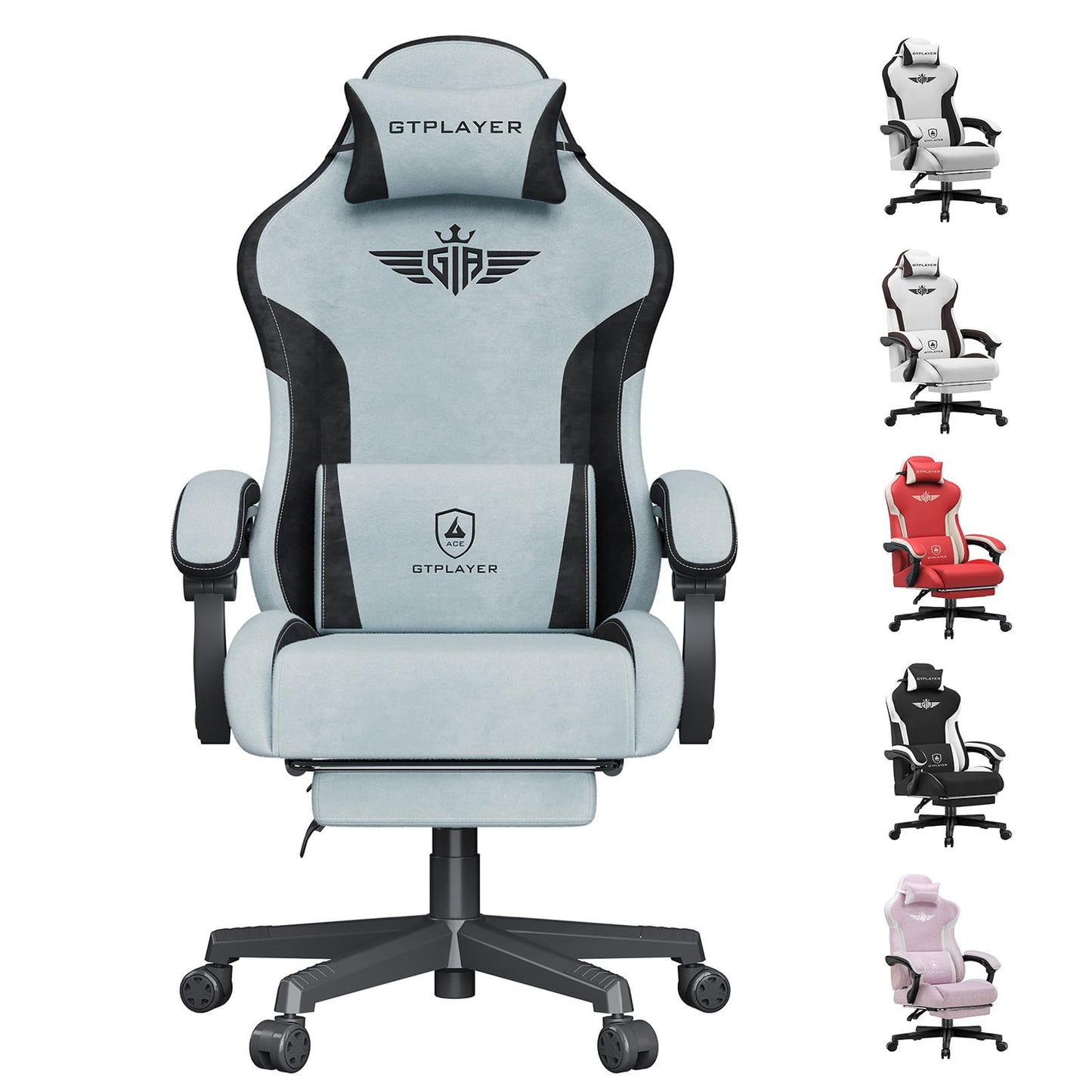 GTPLAYER Gaming Chair, Computer Office Chair Lumbar Support, Linkage Armrests and Footrest, Ergonomic Game Chair for Adults with Extended Backrest, Velvet Fabric, Light Blue