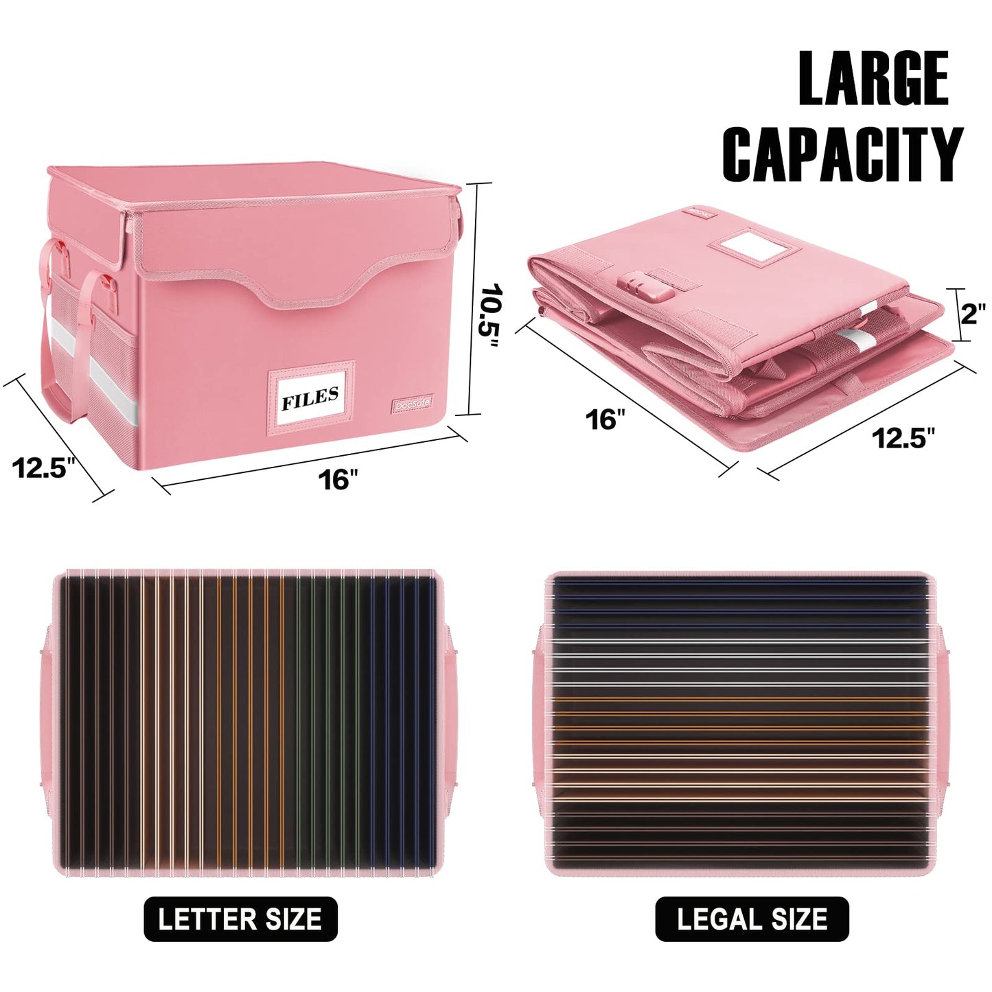 DocSafe Fireproof Document Box with Lock,File Storage Organizer with Zipper Pockets,Collapsible Portable File Box Home Office Safe Filing Cabinet with Handle for Hanging Letter/Legal Folder,Pink