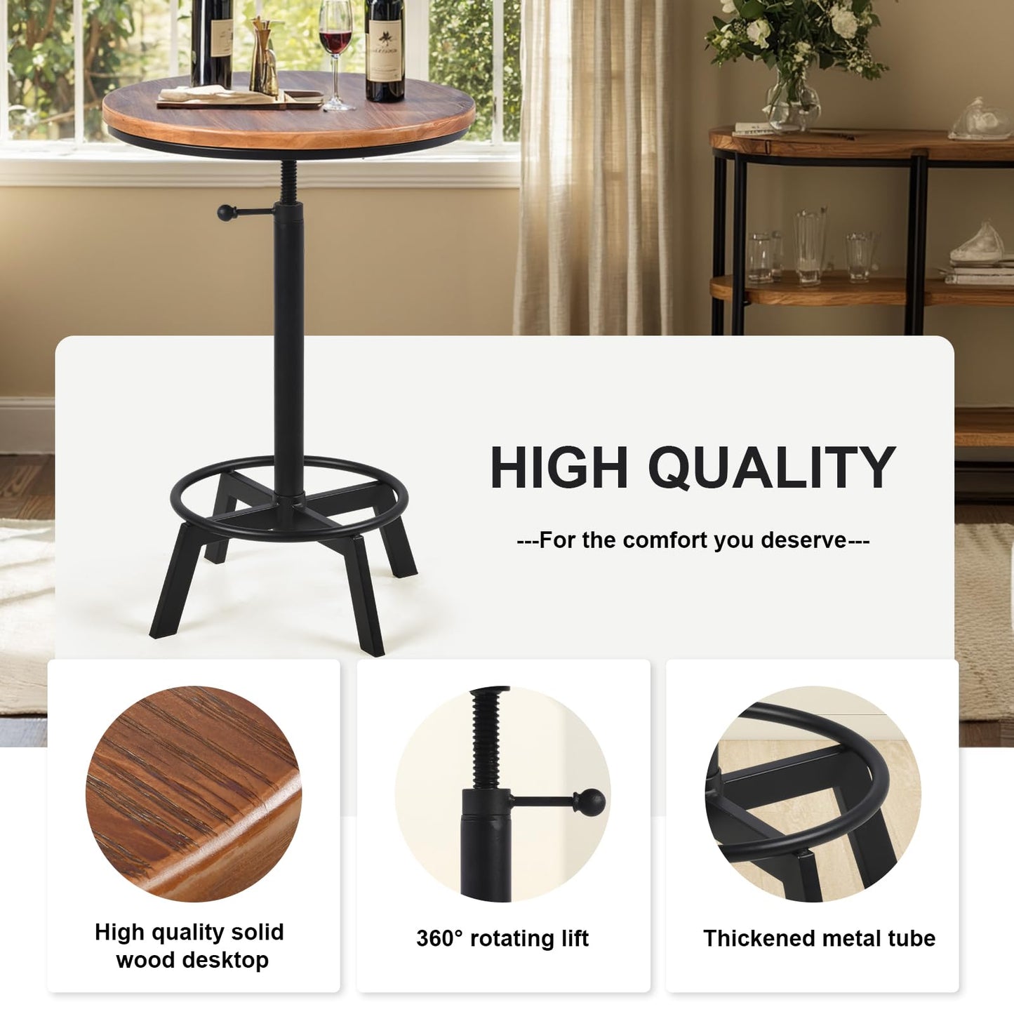 LOKKHAN Adjustable Swivel Bar Table 30"-35.4" Round Wood Tabletop 23.6" Dia, Rustic Industrial Kitchen Dining Living Party Office Coffee Bistro Breakfast Pub Table,Space-Saving