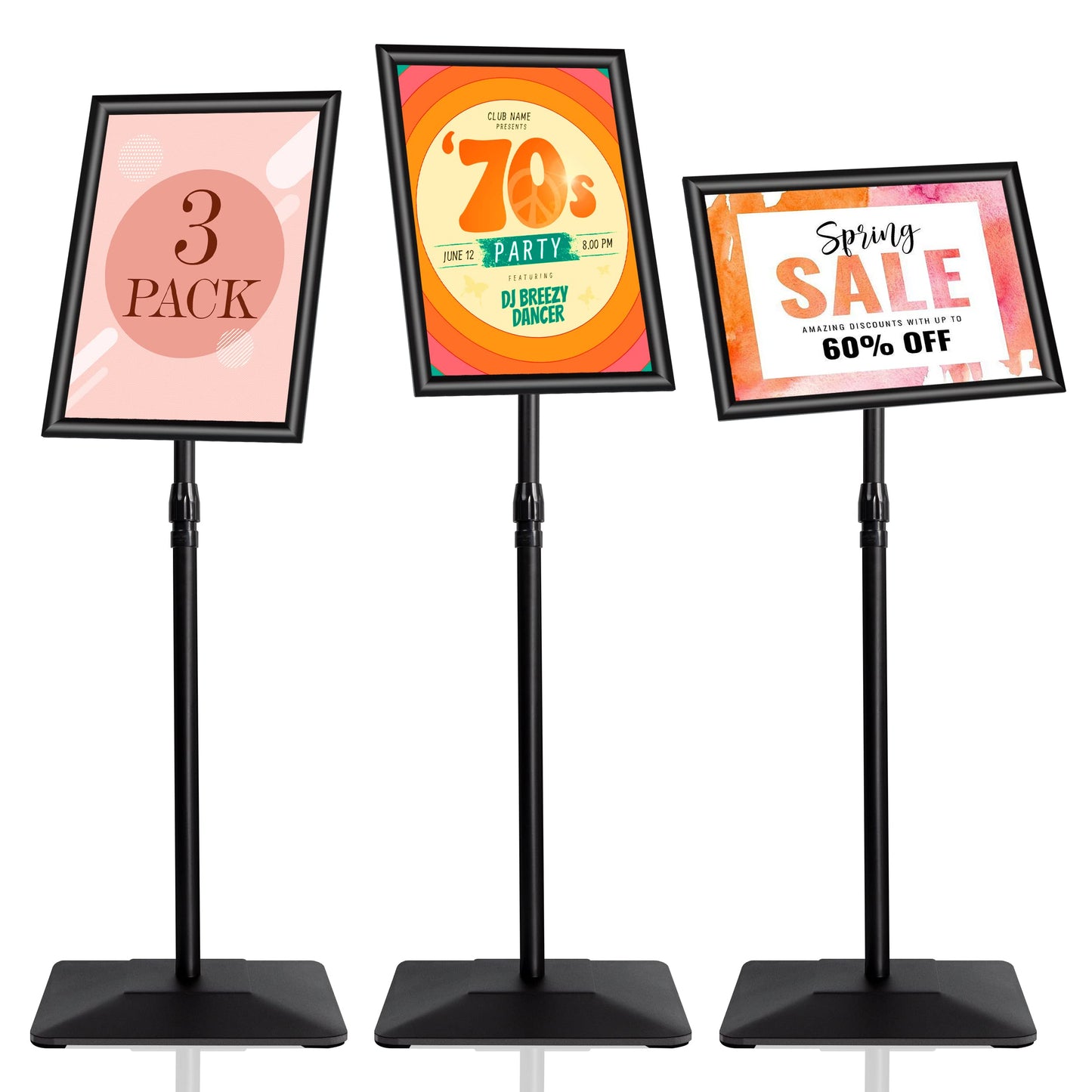VAIIGO 3 Packs Heavy Duty Pedestal Poster Sign Stand, 11"x17" Adjustable Floor Standing Sign Holder with 6.6Lbs Solid Steel Base for Vertical and Horizontal View Sign Displayed Stands, Black