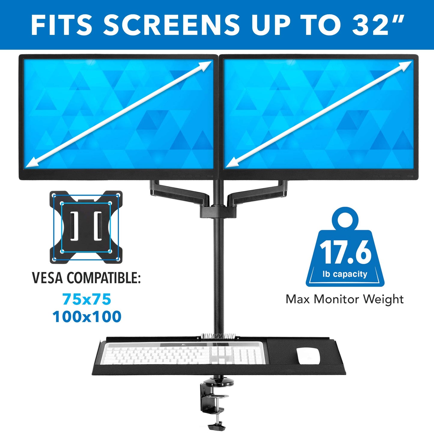 Mount-It! Dual Monitor Arm Desk Mount Sit-Stand Workstation with Keyboard Tray, Height Adjustable Gas Spring, Fits Two 17–32” Screens, 17.6 lbs Each, VESA 75x75 100x100, Clamp or Grommet (Black)