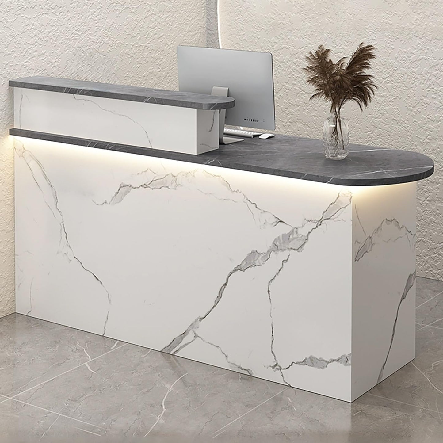Modern LED Reception Desk with Keyboard Tray & Drawer - White Retail Checkout Counter Table (100x55x100cm) for Office, Salon, or Hotel