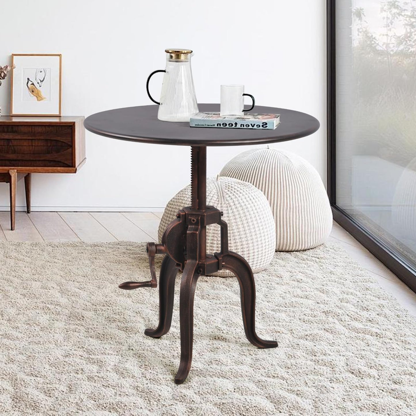 Topower Industrial Retro Side Table Antique Mechanic Crank Height Ajustable Metal Top Three-Legged Farmhouse Accent End Table Copper