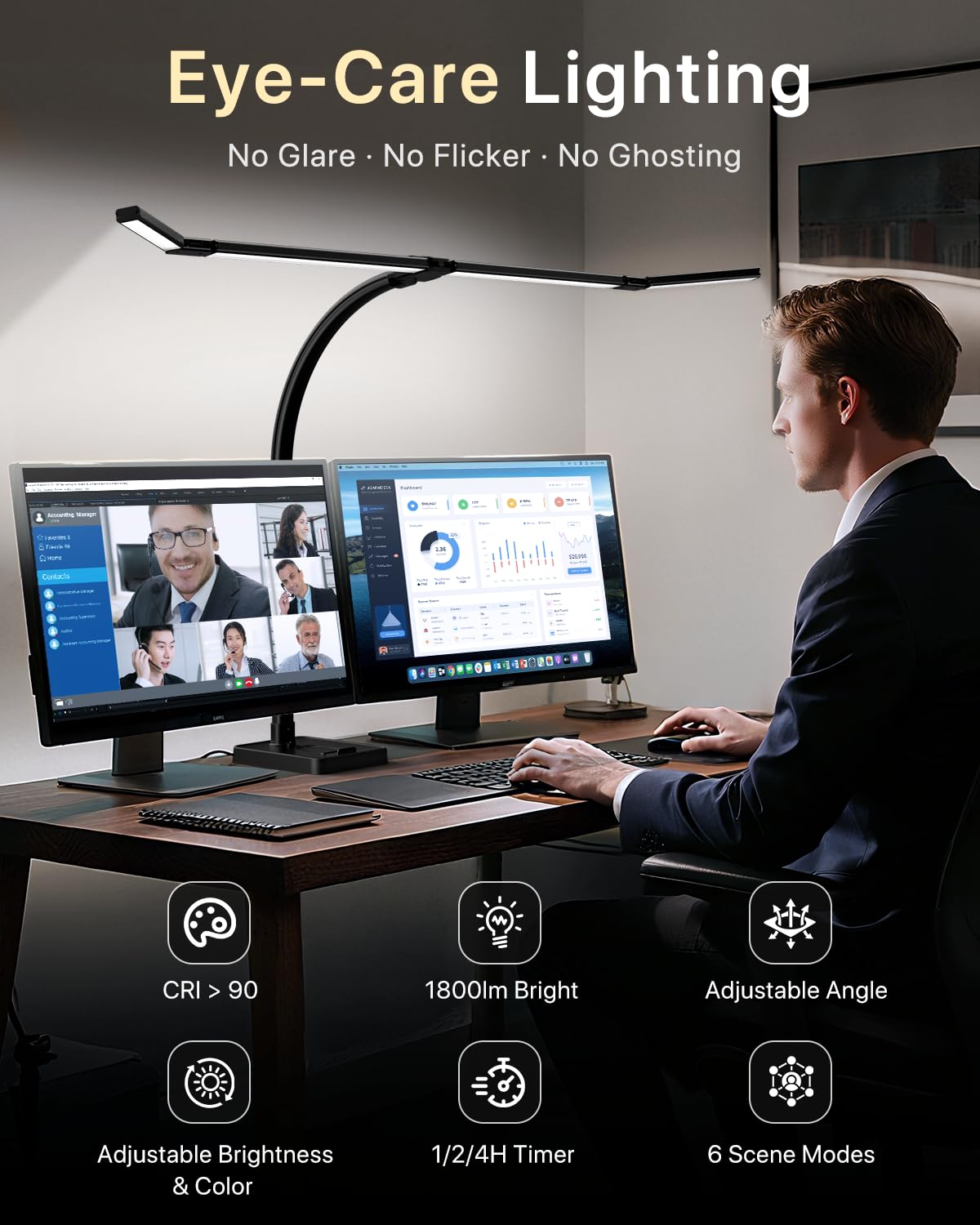 ONEMIX 42" LED Desk Lamp for Home Office, Eye-Caring Desk Light with Adjustable 4-Segment Bar, 1800LM Bright, Remote, Architect Table Lamp with Base for Dual Monitors, Reading, Study, Workbench(Black)