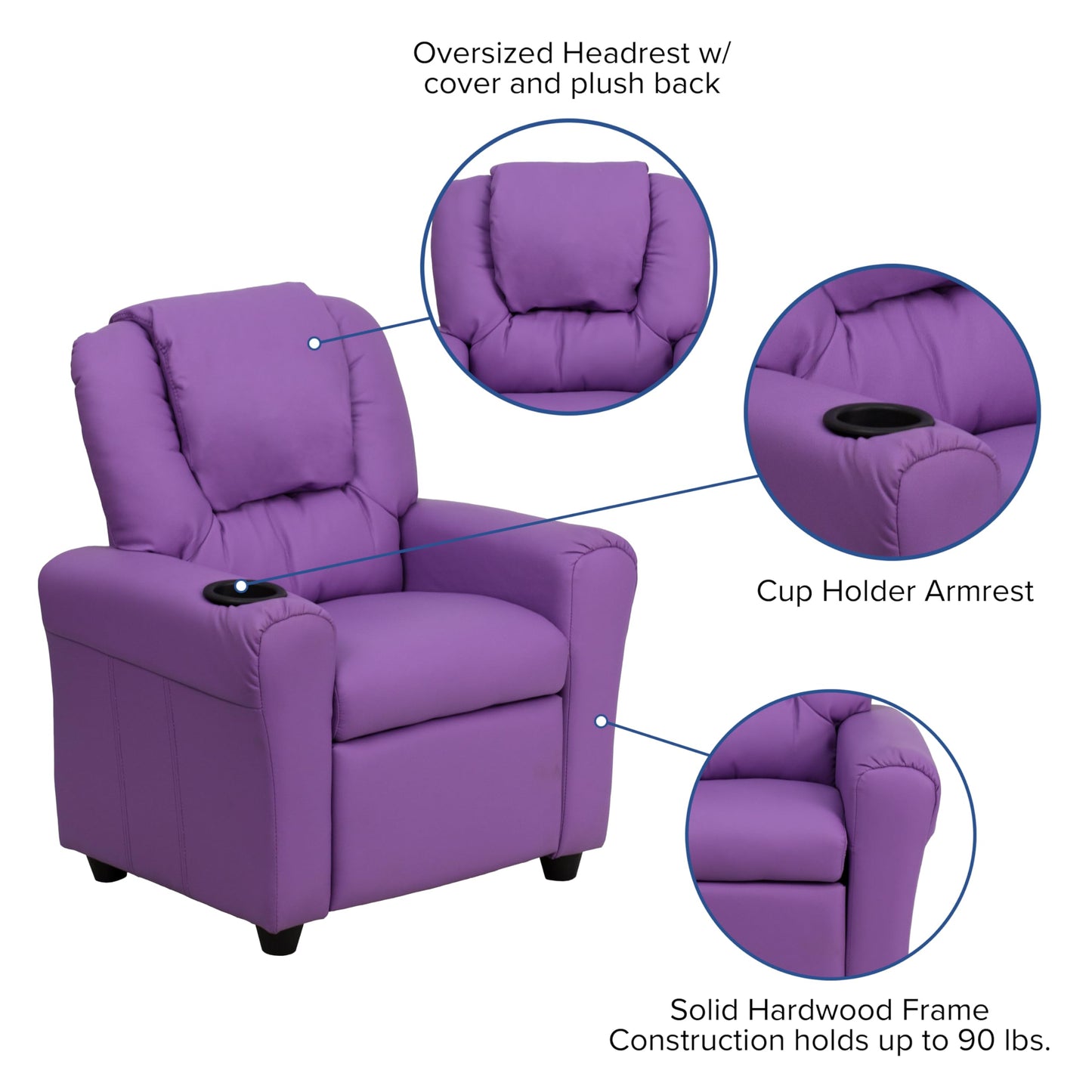 Flash Furniture Vana Vinyl Kids Recliner with Cup Holder, Headrest, and Safety Recline, Contemporary Reclining Chair for Kids, Supports up to 90 lbs., Lavender