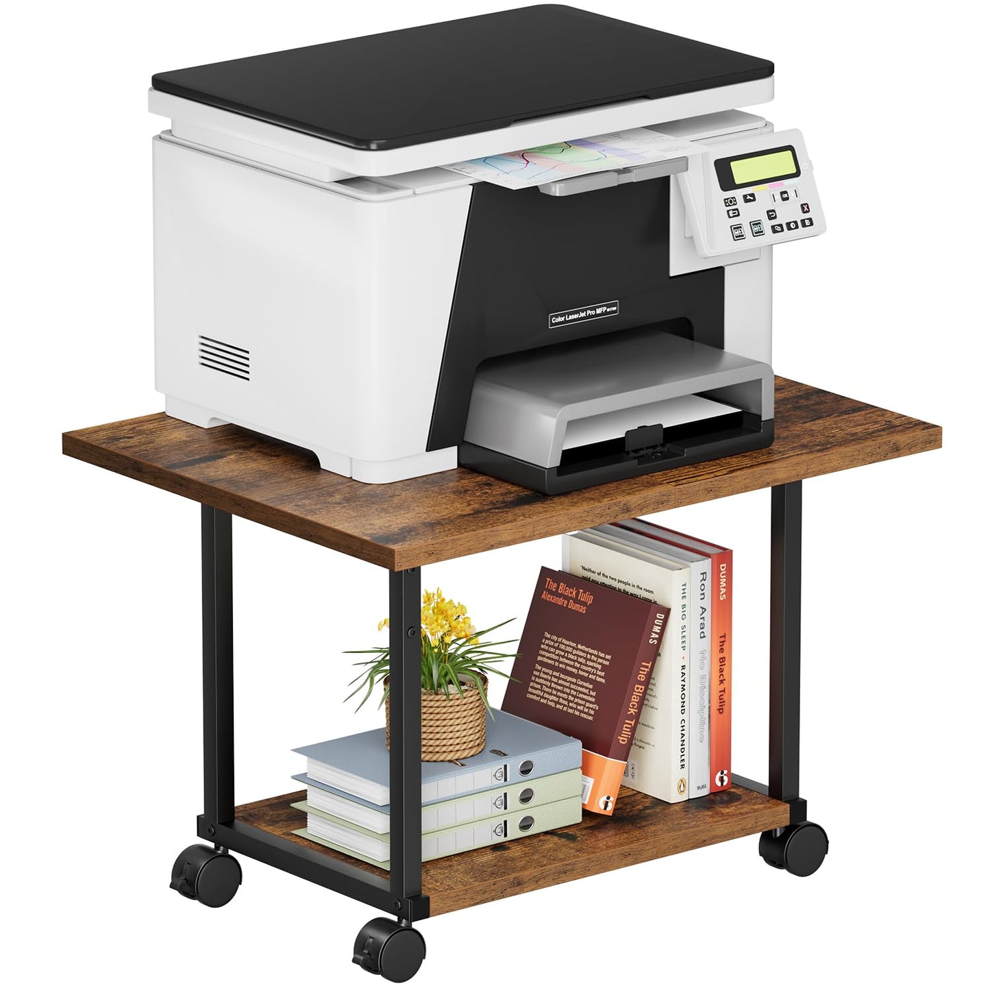 Asgolion Printer Table, 2-Tier Under Desk Printer Stand, Printer Stand with Wheels, Printer Shelf for Small Spaces, Printer Cart for Home Office Rustic Brown