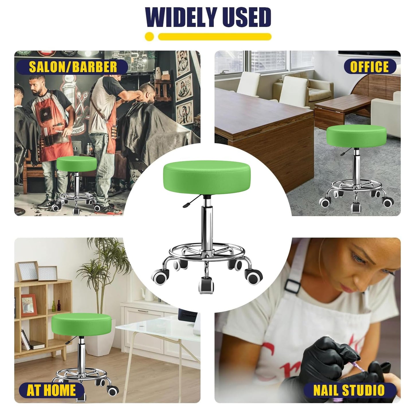Rolling Stool, Heavy Weight Capacity 250lb, PU Leather Rolling stools, Ultra Soft Padded Seat, Rolling Stools with Wheels and Footrest, 360° Swivel, Spa Drawing Salon Work Office Tattoo Stool (Green)