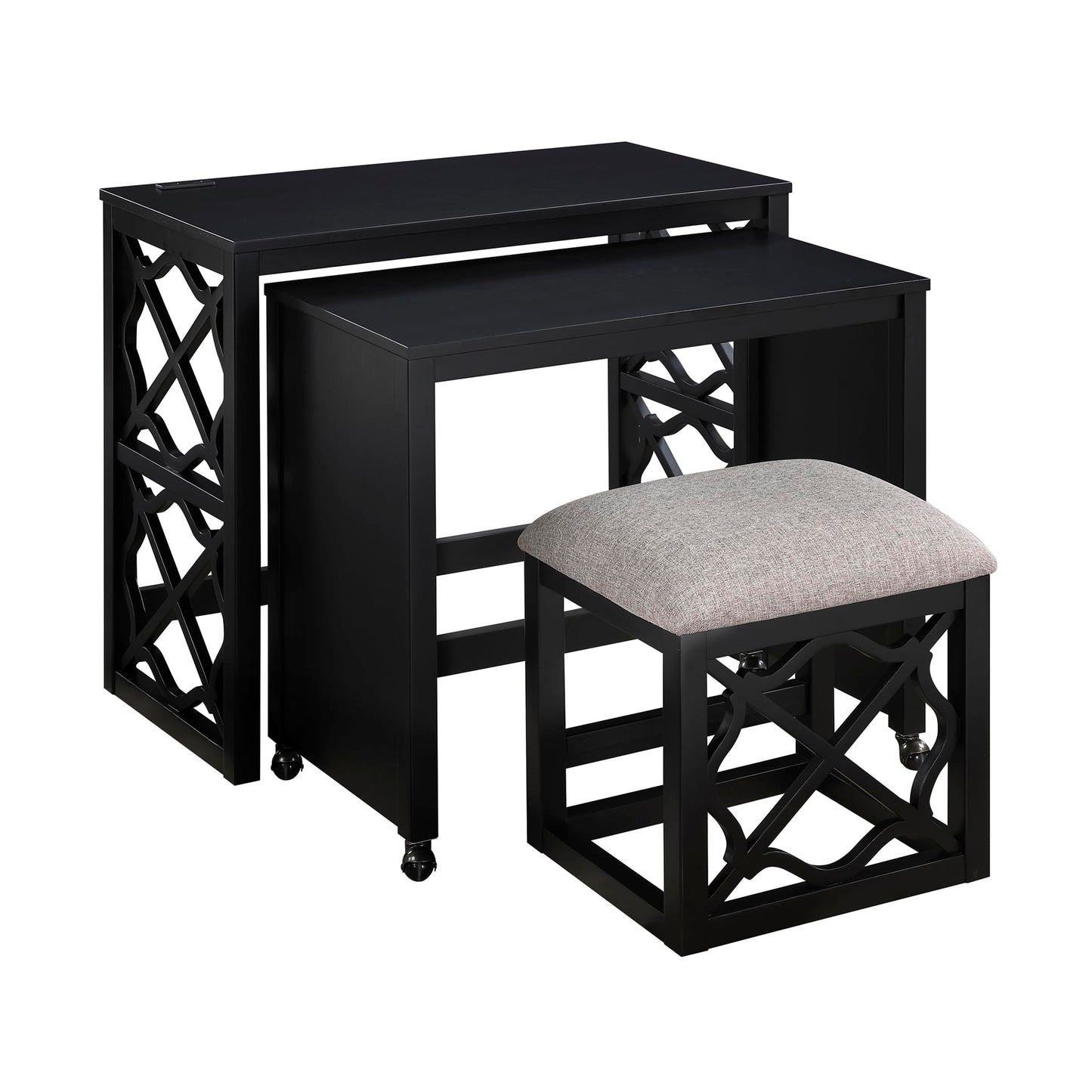 Lexicon Space-Saving Home Office Wood Desk Set, Modern Makeup Vanity Desk with Padded Vanity Stool, USB Charging Port, Nesting Table, Rolling Small Computer Table for Writing/Study/Bedroom, Black