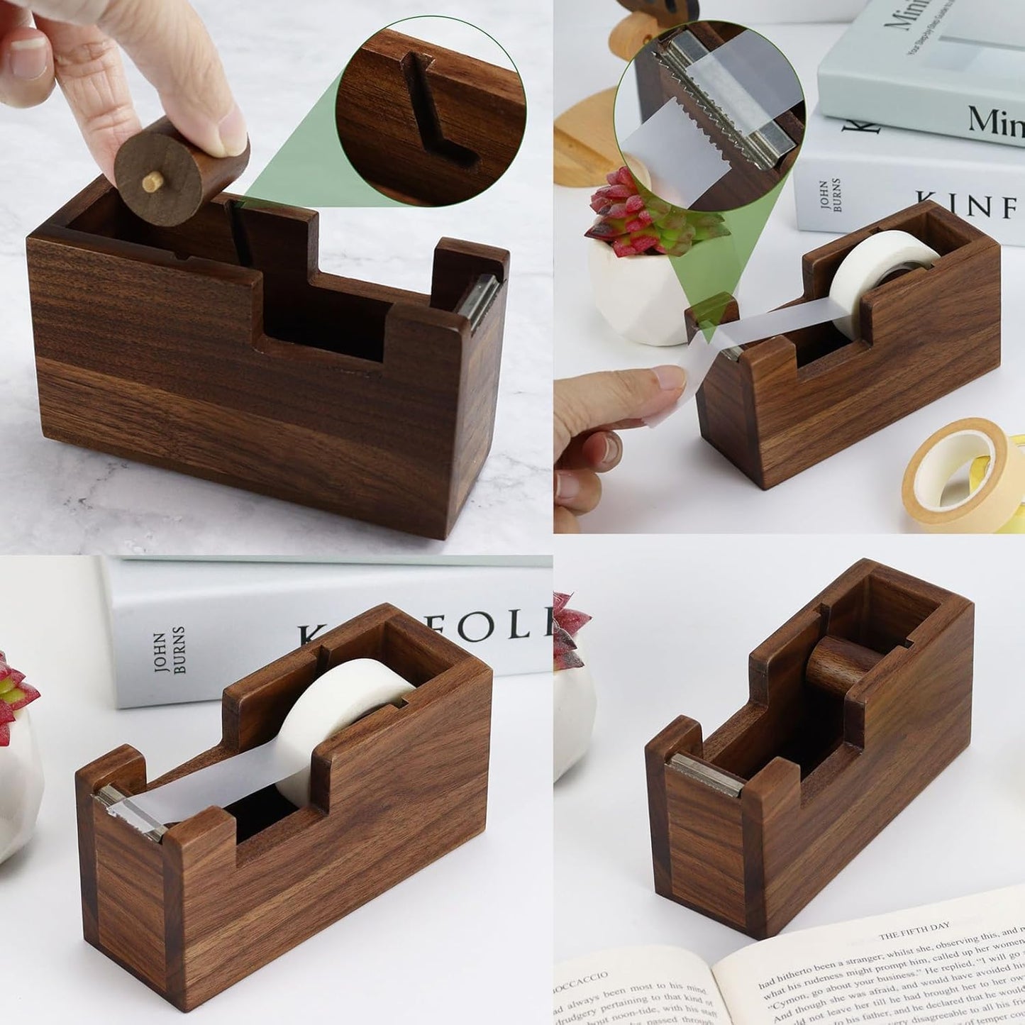 Buqoo 6-Piece Walnut Wood Desk Organizer Set - Pen Holder with Acrylic Insert, Tape Dispenser, Sticky Note Holder, Paper Clip Holder for Home Office School Supplies
