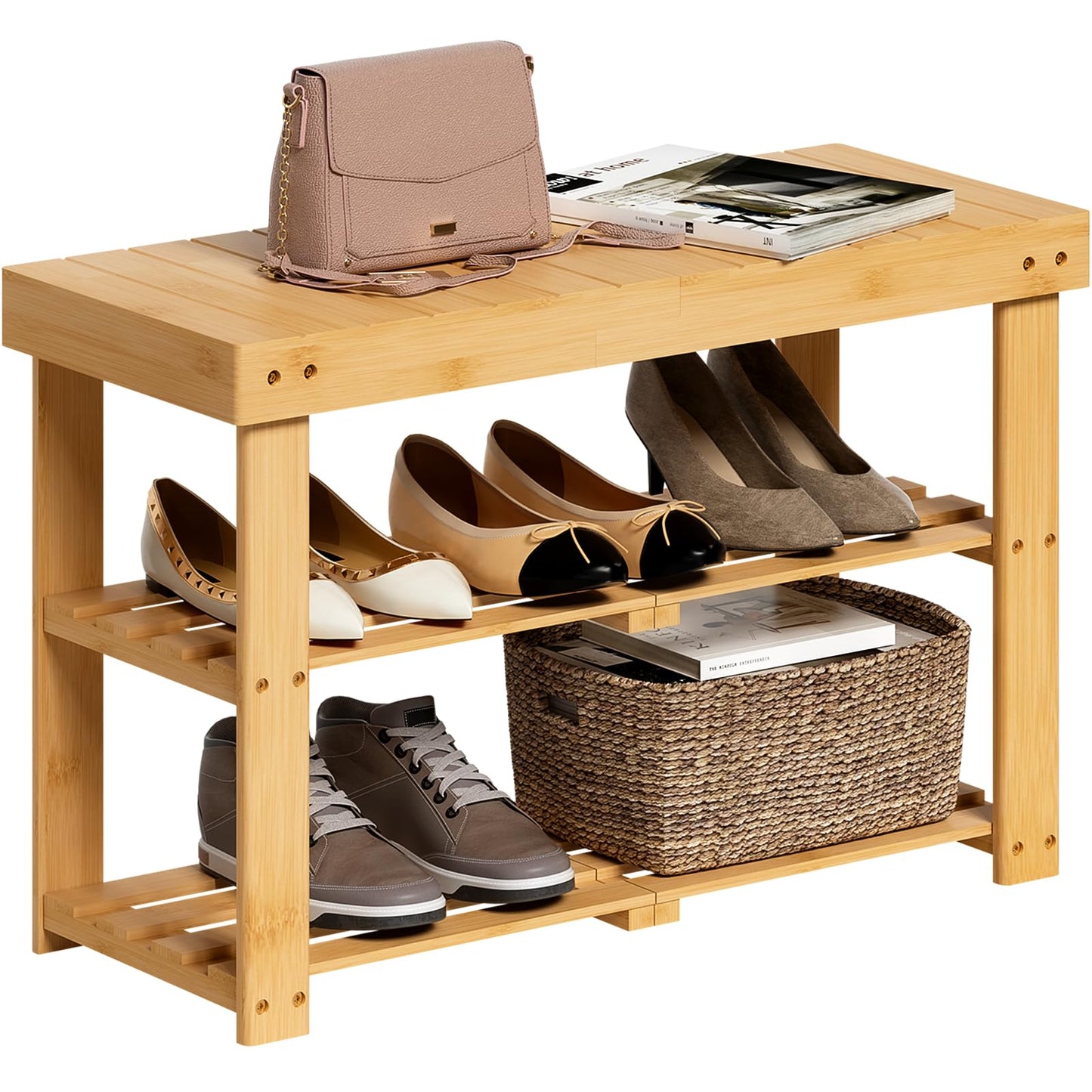 BAMBUROBA Bamboo Shoe Rack Bench, 3-Tier Entryway Bench, Small Shoes Storage Organizer Holds Up to 300lbs, 27.5 x 11 x 16.9 Inches, for Front Door, Hallway, Living Room, Bedroom,Natural