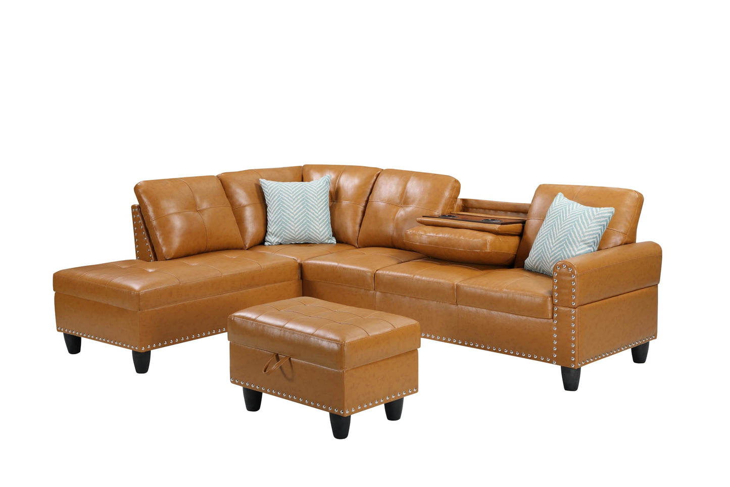 Ball & Cast 98" L Shaped Sectional Couch for Living Room with Chaise&Storage Ottoman,4 Seat Faux Leather Upholstered Modular Sectional Sofa Set 3 PCS W/Cup Holders&Coffee Table,for Home,Office,Ginger