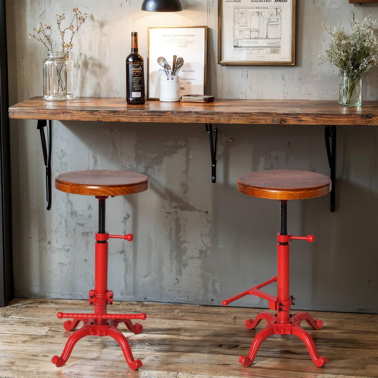 Topower Industrial Retro Vintage Farm Wooden Tractor Stool Kitchen Swivel Height Adjustable Bar Stool (Antique Red)
