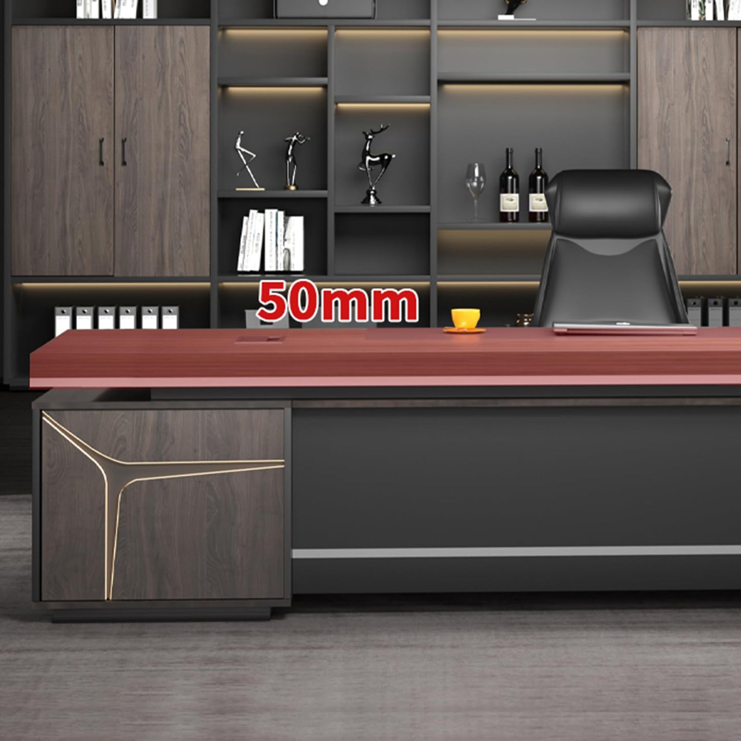 LSIGHTUS 87" Brown L-Shaped Executive Desk for Home Office, Wood Computer Desk with File Cabinet Study Writing Table Business Furniture Set for CEO Boss, Business