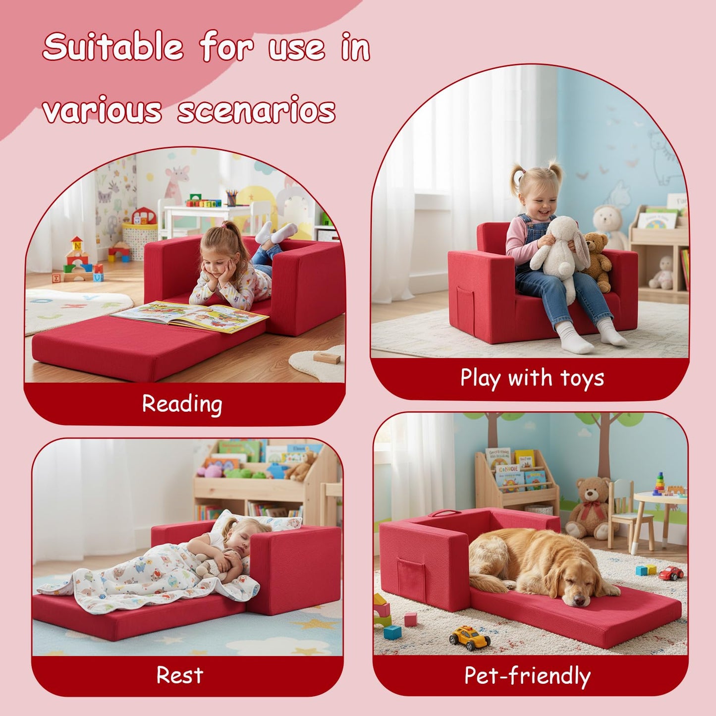 Tiita 2-in-1 Kids Sofa, Convertible Children Couch to Lounger, Flip Out Kids Chair, Toddler Armrest Chair Bed, Folding Kid Play Sofa for Girl or Boy, Corduroy Red