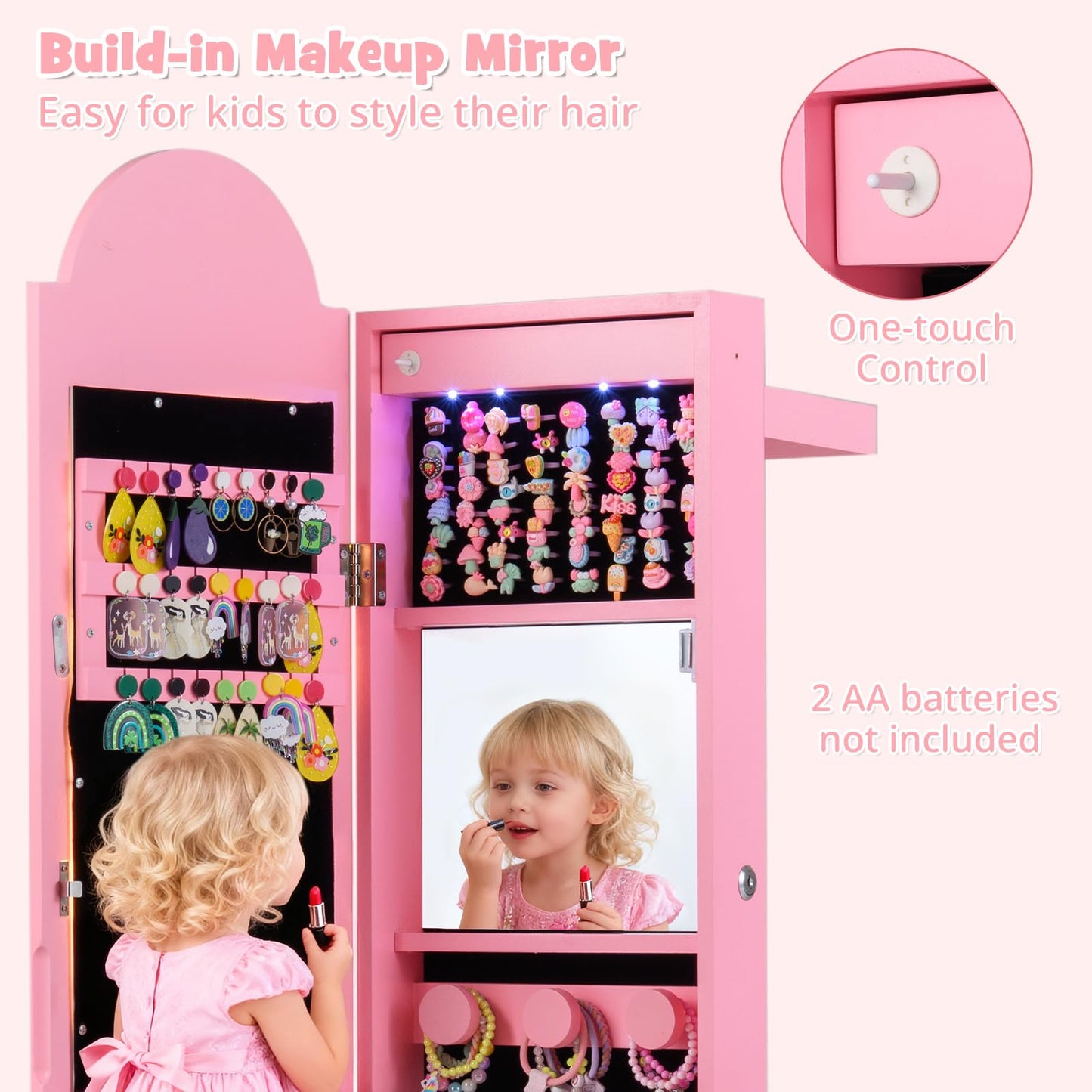 INFANS Kids Jewelry Armoire Cabinet with LED Lights, Lockable Standing Organizer with Full-length Mirror, Unicorn Theme Children Vanity Dress Up Storage Rack for Girls