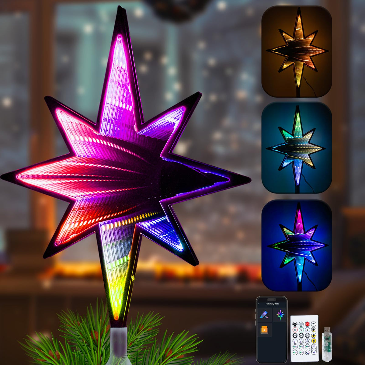 Smart Christmas Tree Topper Infinity Mirror Double-Sided, 11" RGB Star Tree Topper, Timer, App Control, USB Powered, Music Sync, Tree Topper for Indoor Party Holiday Decor