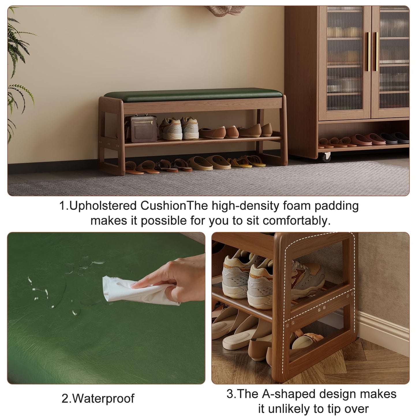AQIMUELE Shoe Rack Bench,2 Tiers Shoe Bench with Storage with Flip-Top,Wood Shoe Rack for Entryway,Hallway（Green Upholstered Seat,11.8" D x 39.3" W x 15.7" H）
