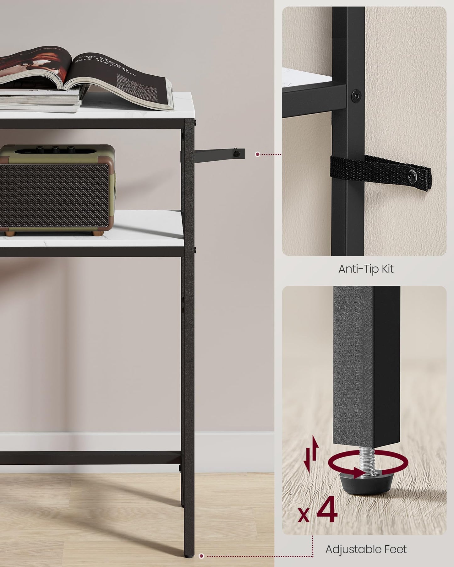 VASAGLE Console Table, 2-Tier Narrow Sofa Table with 2 Shelves, 7.9 x 31.5 x 31.5 Inches, for Living Room, Hallway, Entryway, Marble White and Ink Black ULNT130W59V1