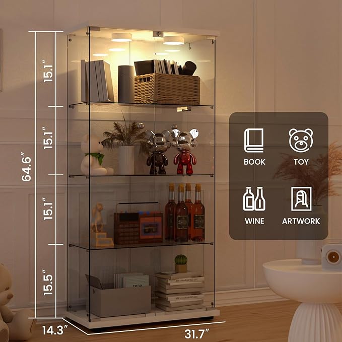 Display Cabinet with Light, Glass Door and Lock, 4-Shelf Fast Installation in