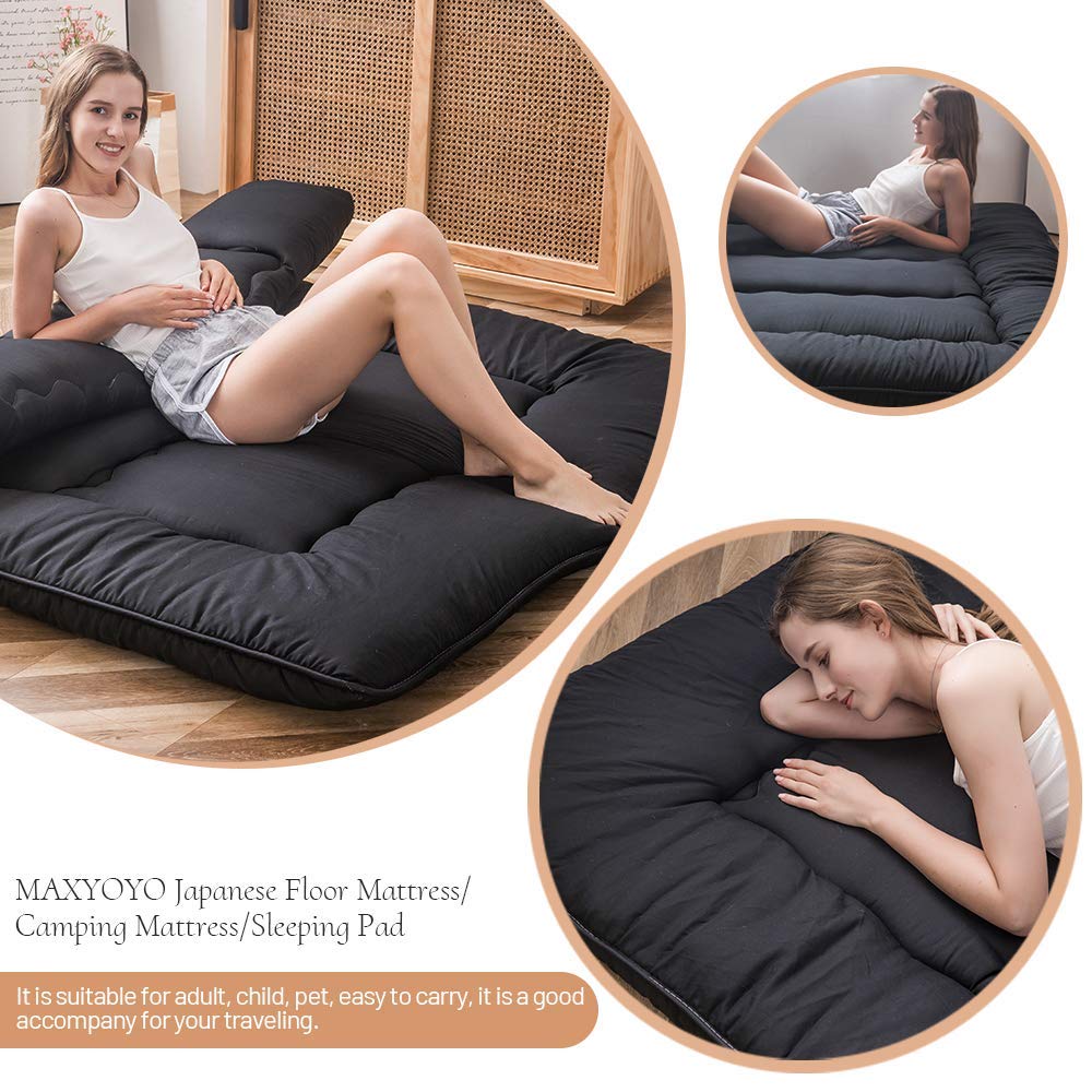 MAXYOYO Japanese Floor Mattress Futon Mattress, 4" Thicken Tatami Mat Sleeping Pad Foldable Roll Up Mat Boys Girls Dormitory Pad Kids Floor Lounger, Black, Twin Size